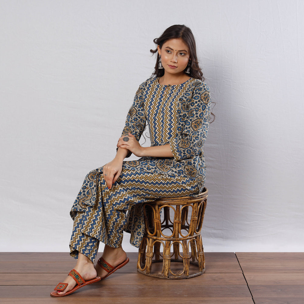ITOKRI CASUALS Beige - Cream Blue Zig Zag Ajrakh Block Printed Kurta with Palazzo Set - view 2