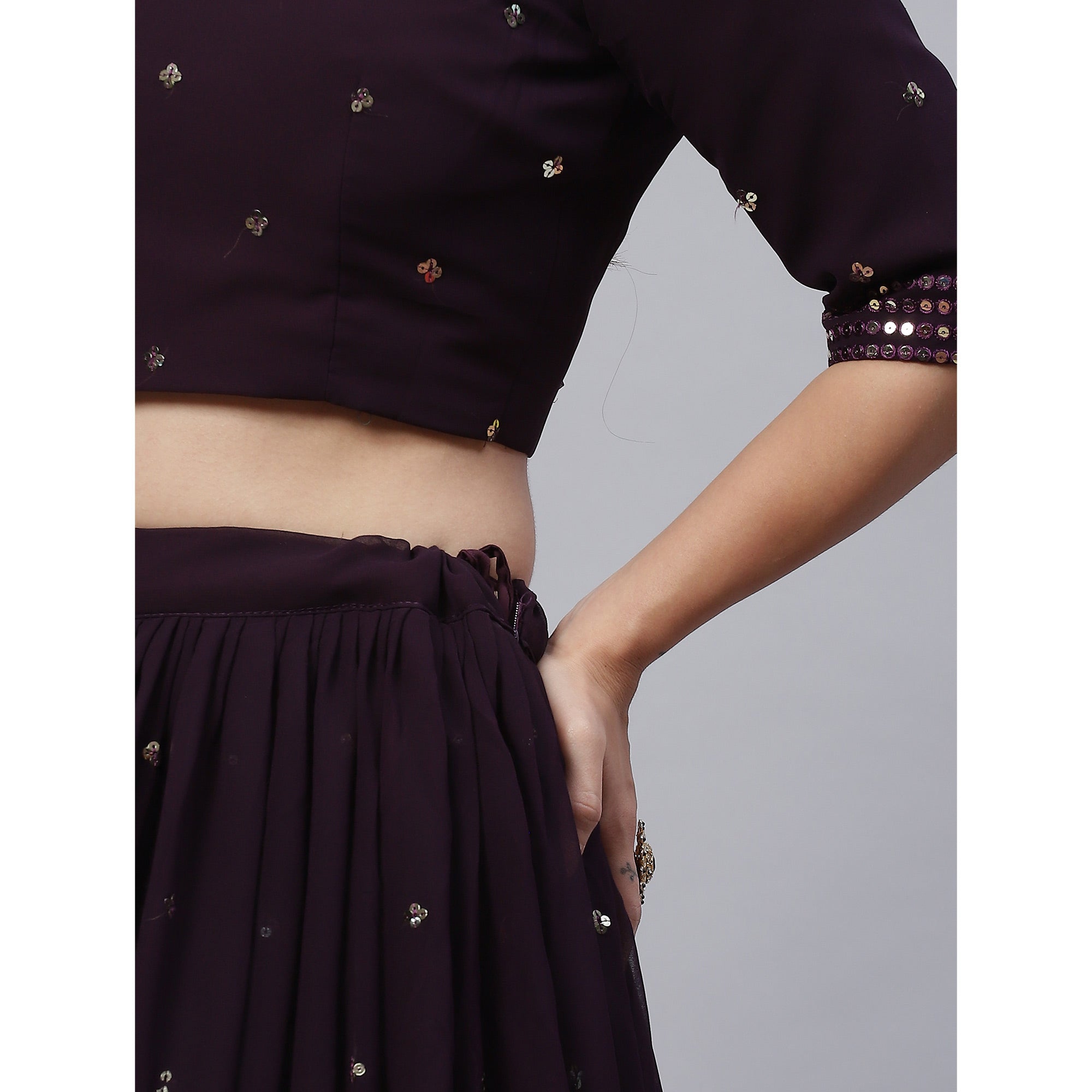 Peachmode Dark Purple Sequins Embroidered Georgette Lehenga Choli - view 7