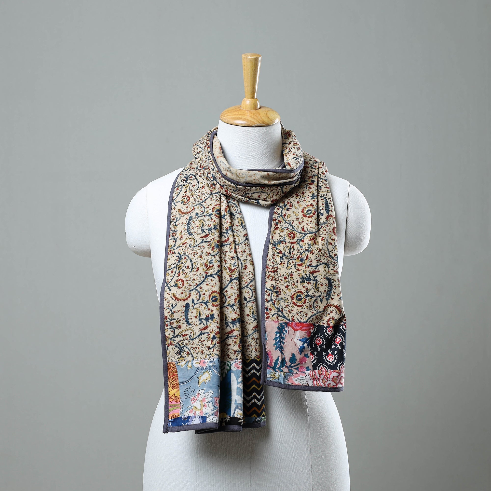 STOLES & SCARVES Beige - Block Print Cotton Patchwork Kalamkari Stole 03