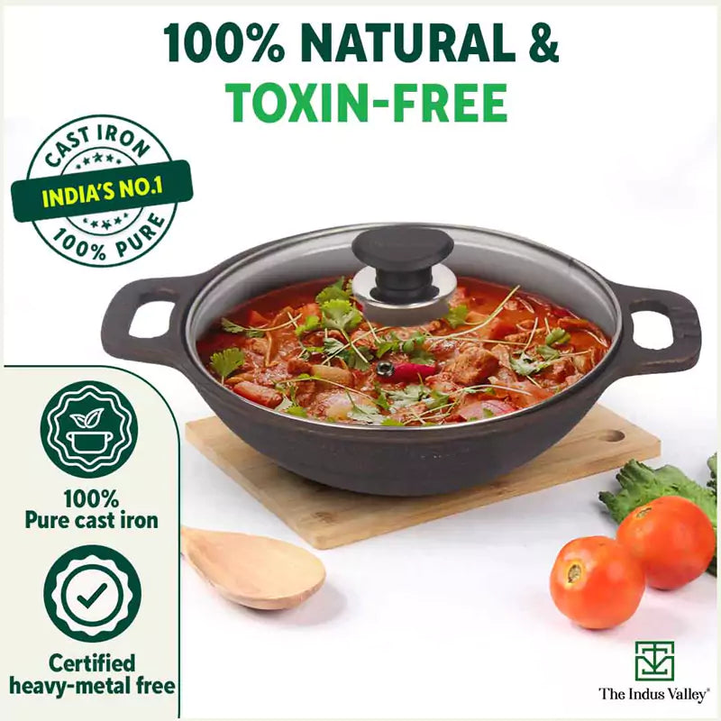 The Indus Valley Super Smooth Cast Iron Kadai (Wok)+ Glass Lid, Pre-seasoned, Nonstick, 100% Pure,Toxin-free, 25.4cm, 2.5L, 2.4kg - view 5