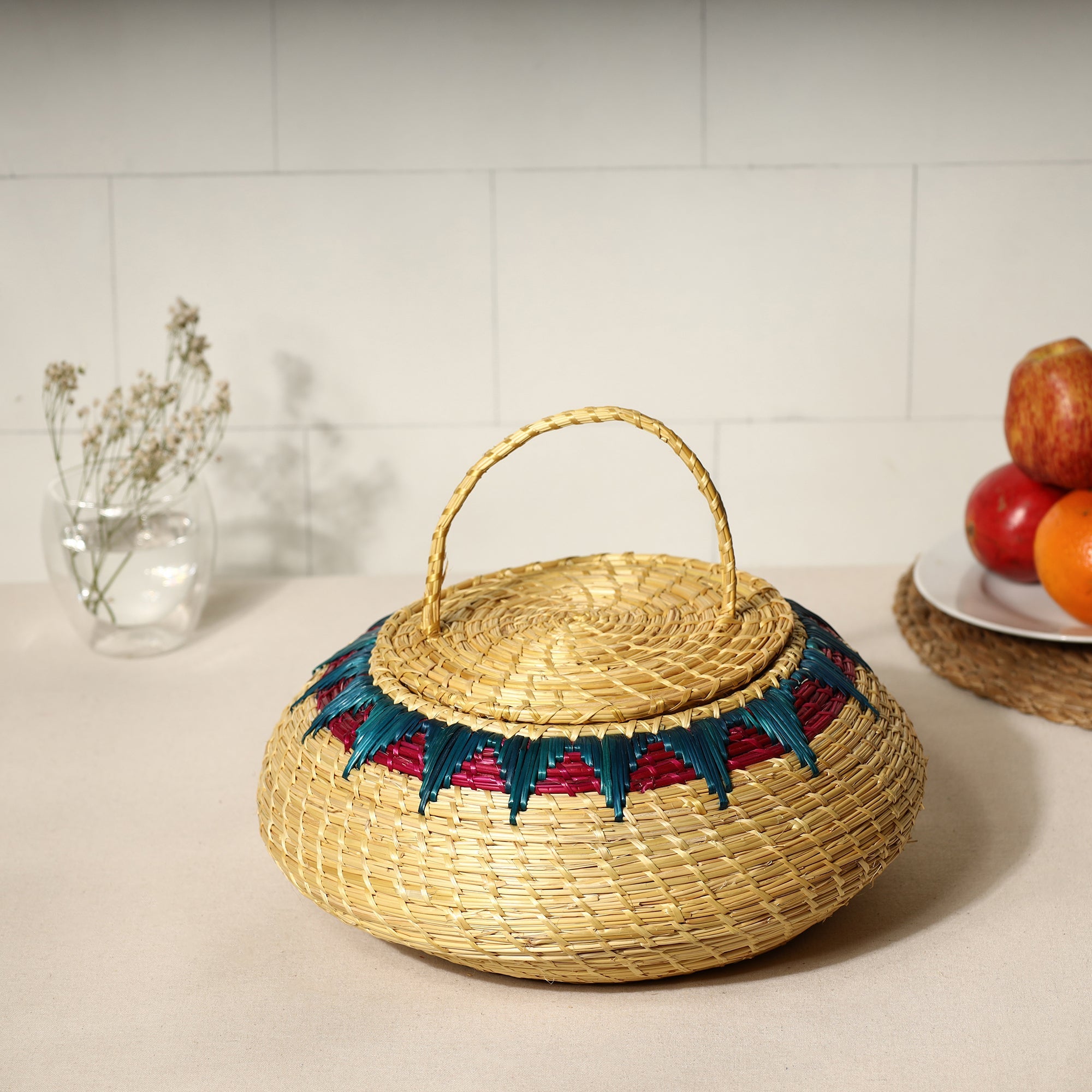 ITOKRI CRAFTS INITIATIVE Beige - Handmade Sikki Grass Multipurpose Basket with Lid (Big)