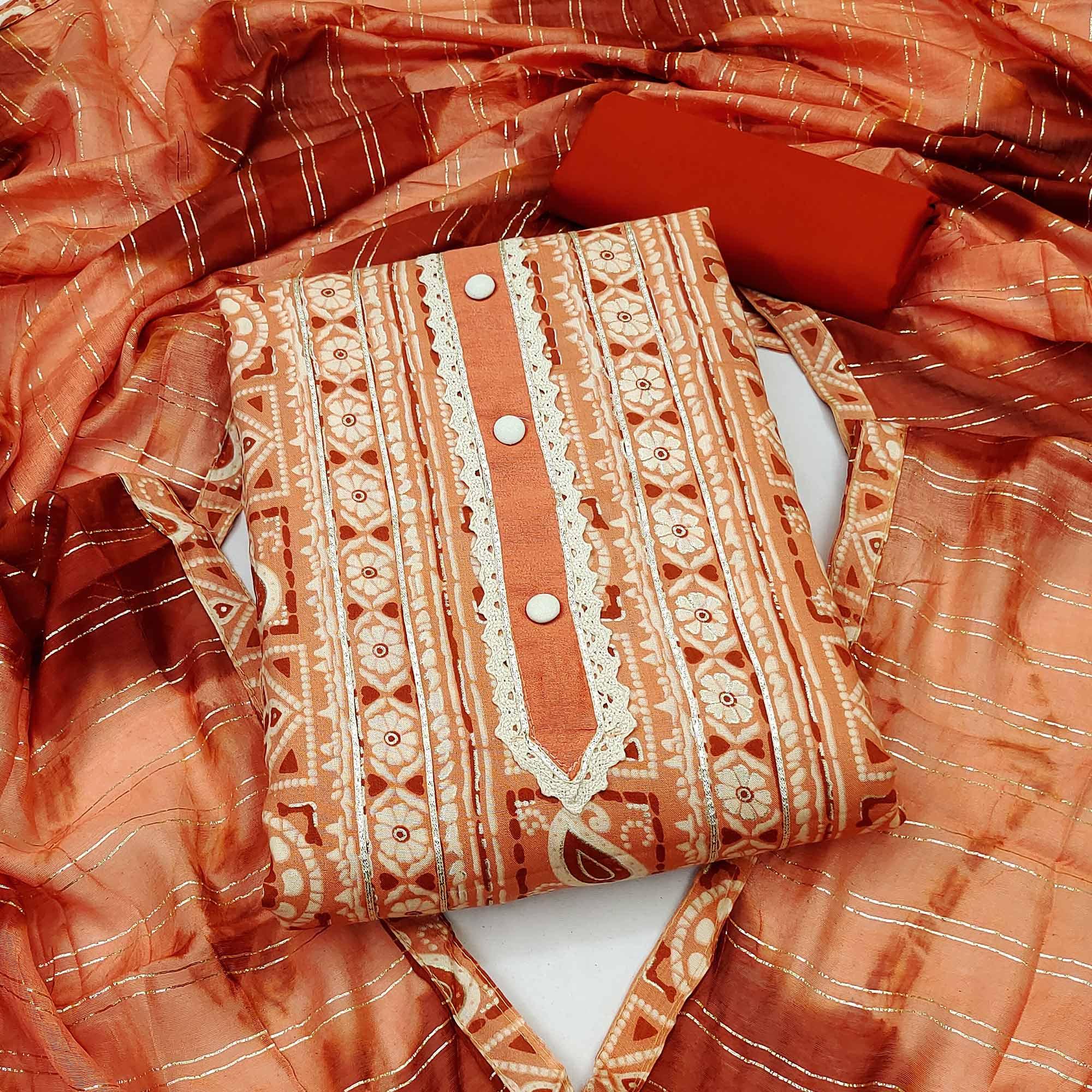 Peachmode Dark Peach Floral Printed Pure Cotton Dress Material