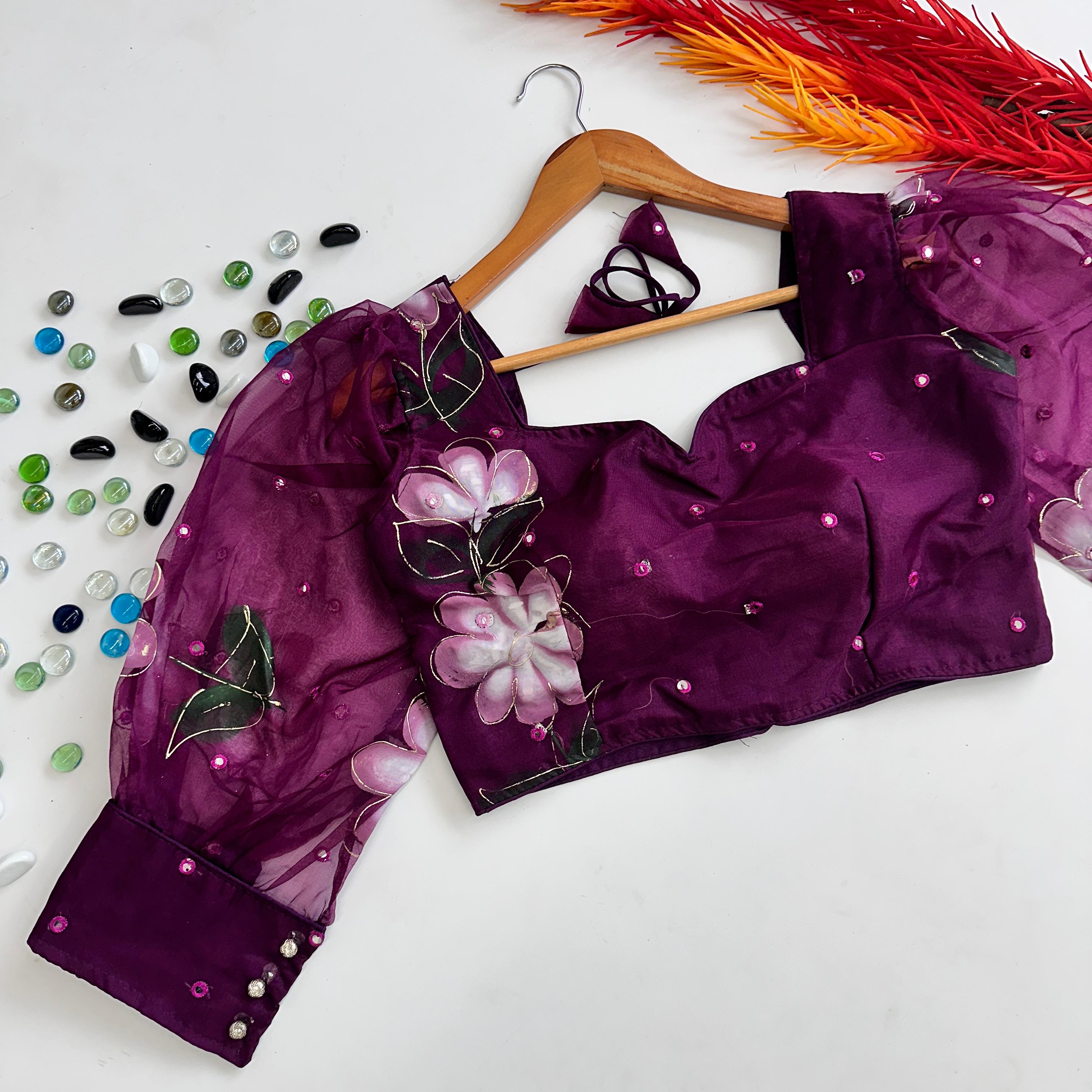 ClothsVilla Dark Purple Hand-Painted Organza Silk Blouse with Embroidery Accents
