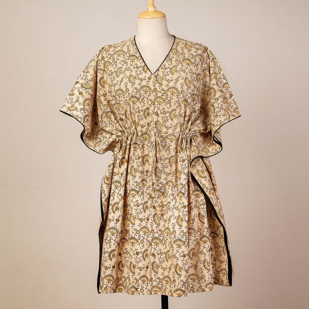 CHUTNEY CRAFT STUDIO Beige - Block Print Cotton Kalamkari Kaftan with Tie-Up Waist (Medium)