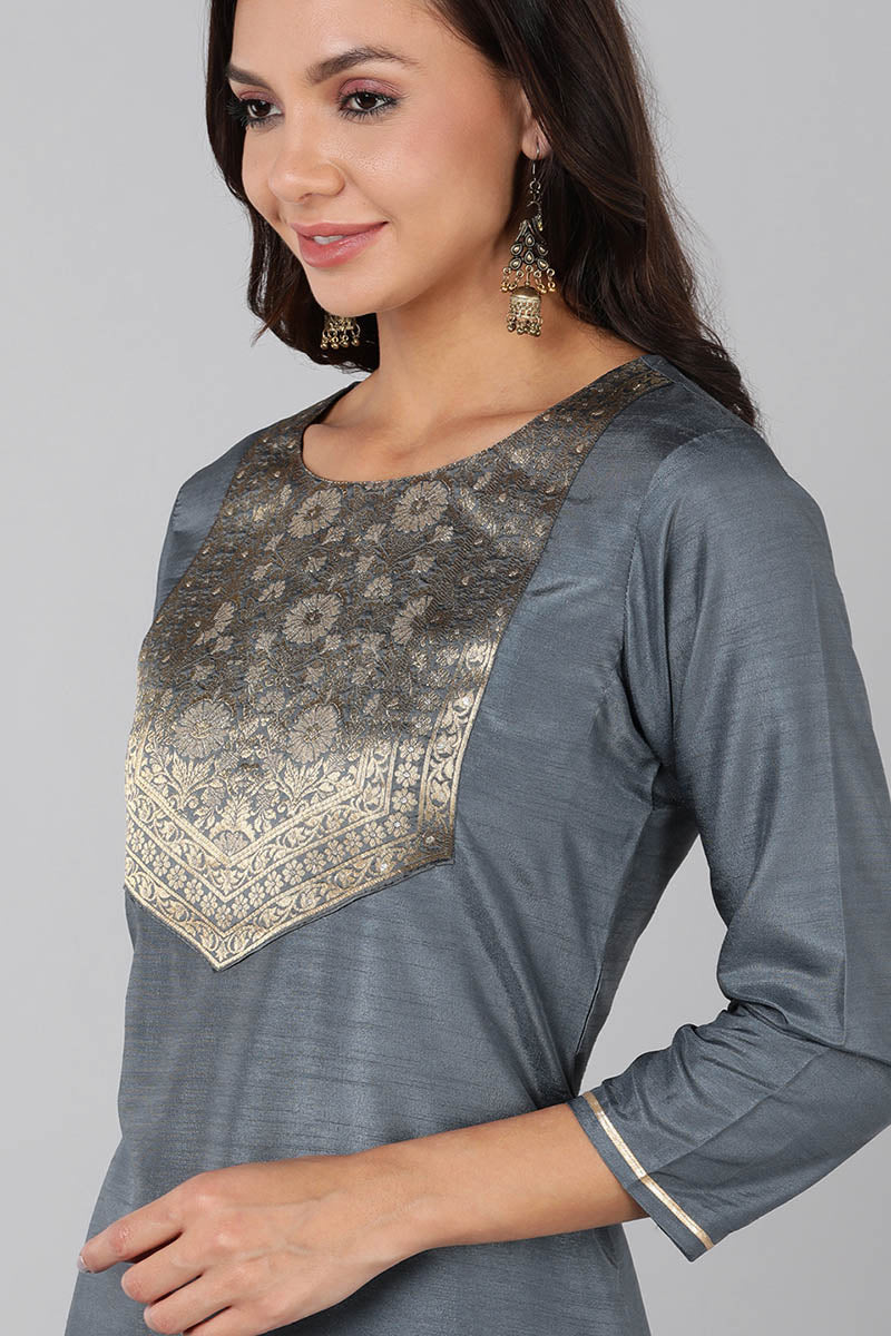 Ahika Grey Poly Silk Solid Straight Suit Set PKSKD1322 - view 7