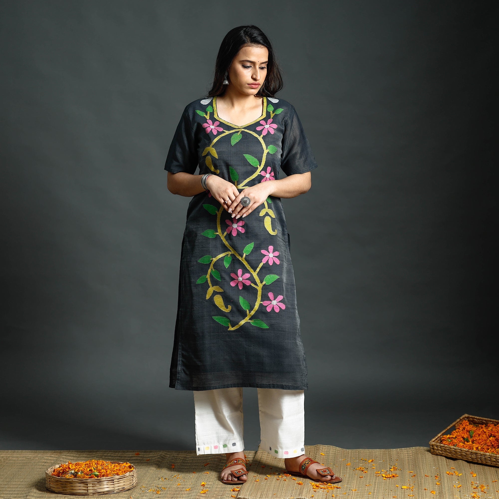 ITOKRI CASUALS Black - Dark Grey & White Phulia Jamdani Handloom Silk Cotton Kurta with Palazzo & Dupatta Set - view 3