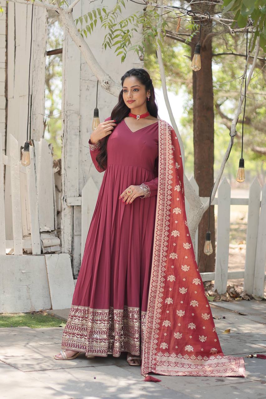 ClothsVilla Maroon Stunning Faux Georgette Gown with Rich Sequins Embroidery