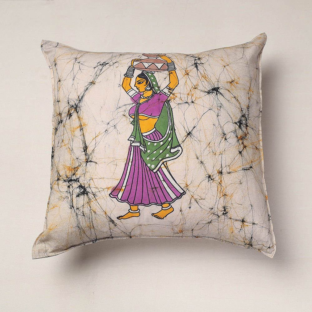KACHCHH JI CHHAAP Beige - Hand Batik Printed Cotton Cushion Cover (18 x 18 in)
