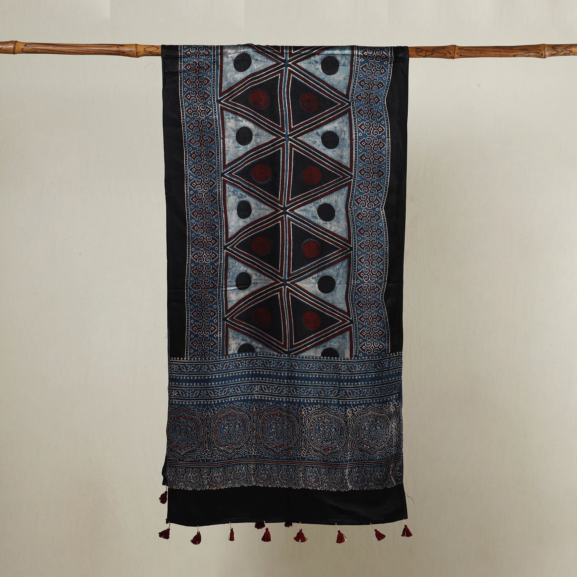 RIYAZ ABDULMAJID KHATRI - AJRAKH Blue - Ajrakh Hand Block Printed Mashru Silk Stole with Tassels - view 2