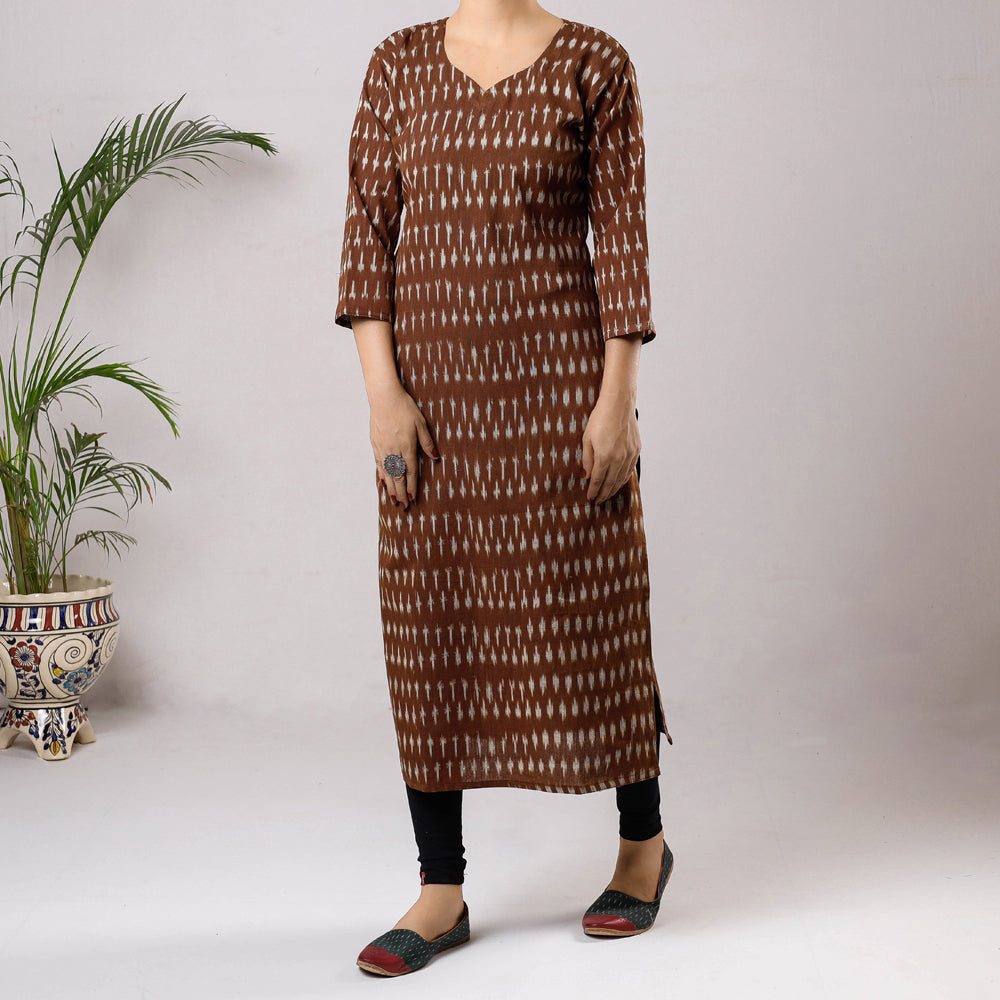 ITOKRI CASUALS Brown Ikat Weave Cotton Long Kurta