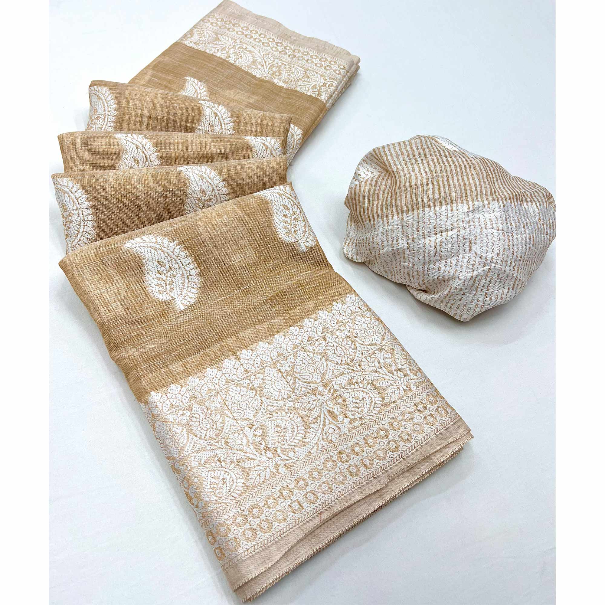 Peachmode Chikoo Woven Linen Saree – Women's - view 3