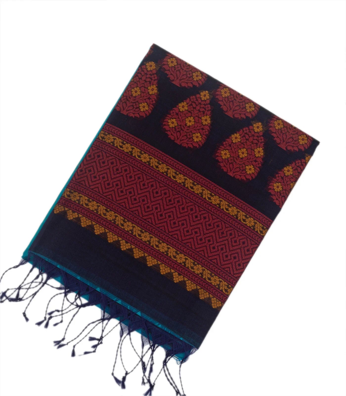 RmKV Cyan Handloom Kora Silk Cotton Saree With Buttas & Black Pallu