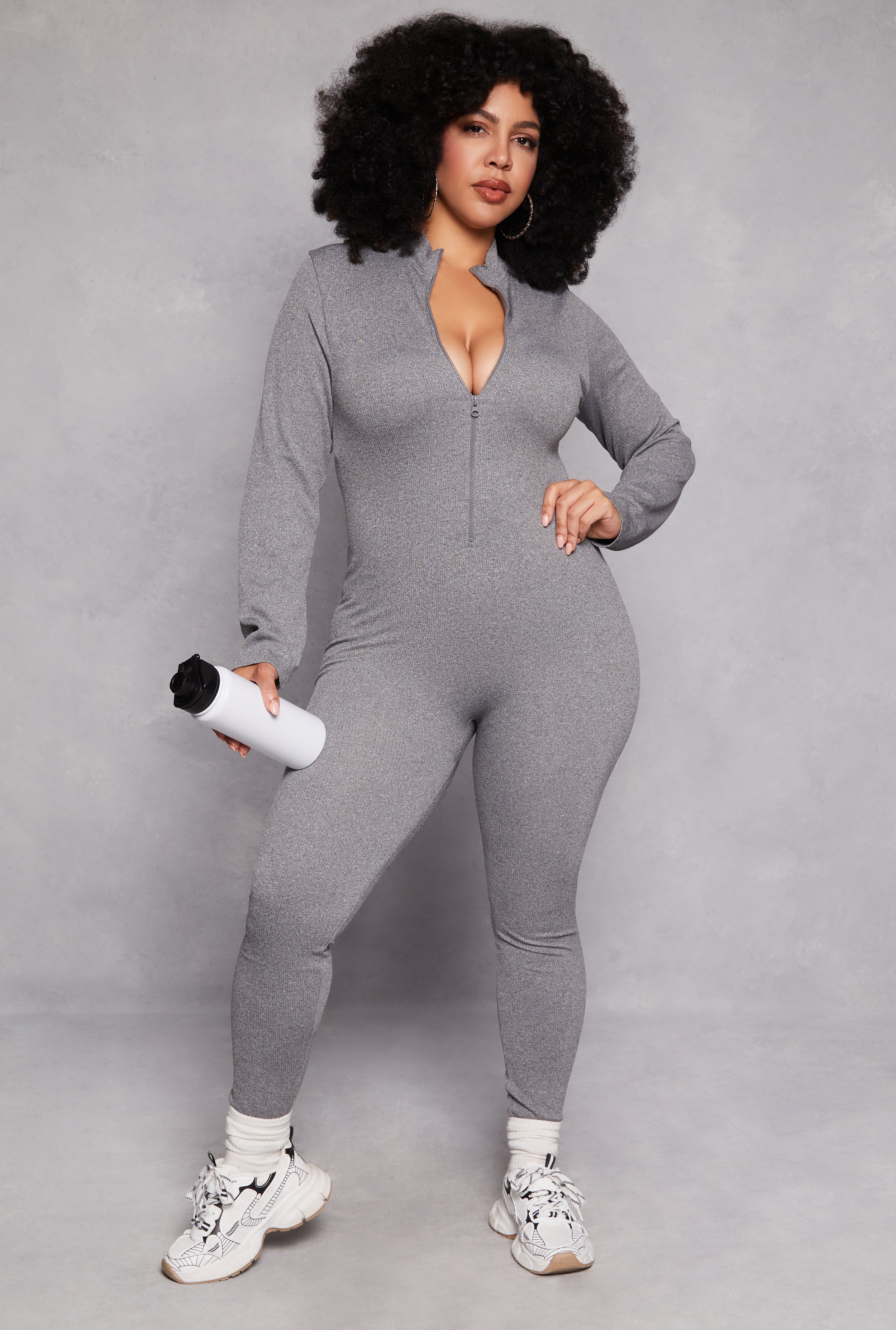 Rainbow Shops Plus Size Half Zip Long Sleeve Catsuit