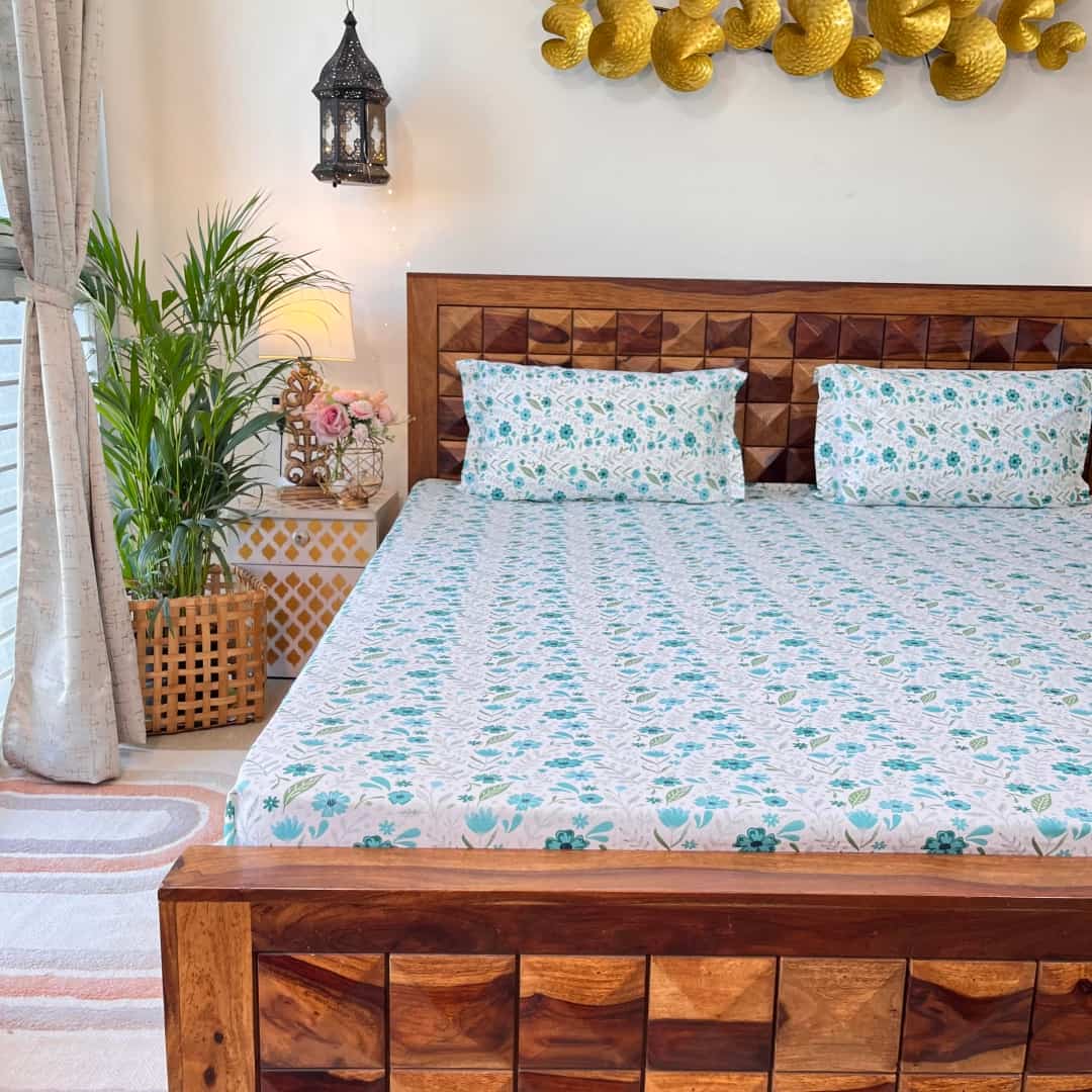 Urban Space -Home Furnishing Store Divine - 100% Cotton Double Bedsheet with 2 Pillow Covers - Zinnia Blue