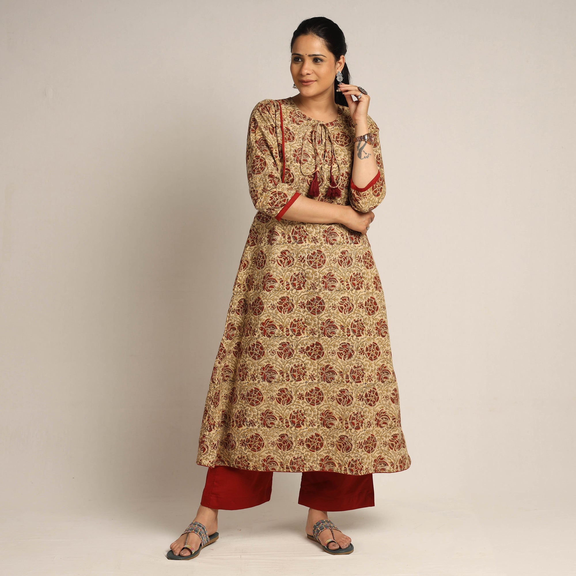 ITOKRI CASUALS Brown - Pedana Kalamkari Block Printed Cotton Kurta with Palazzo Set