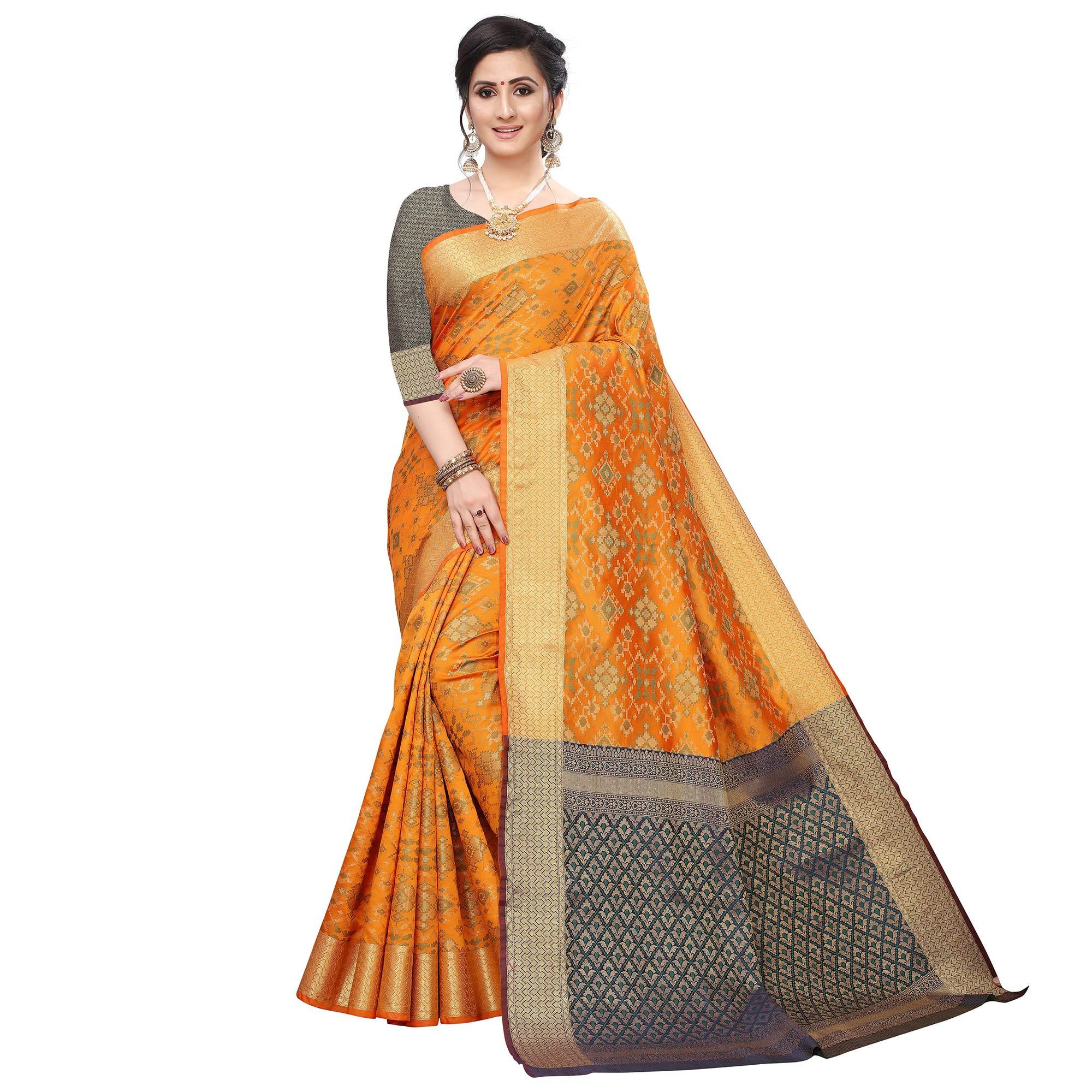 Peachmode Engrossing Mustard Yellow Colored Festive Wear Woven Kanjivaram Silk Saree