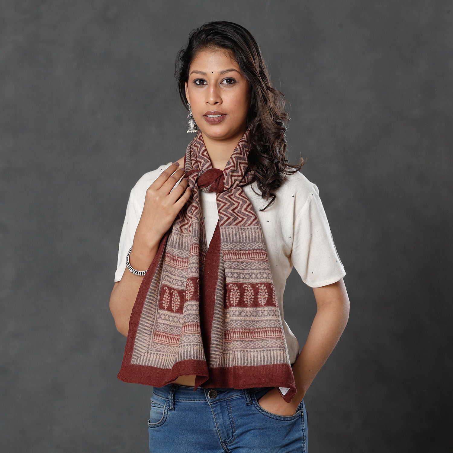 BAGH PRINTS BY MOHAMMED BILAL KHATRI Brown - Bagh Block Printed Natural Dyed Woolen Muffler (61 in) - view 2