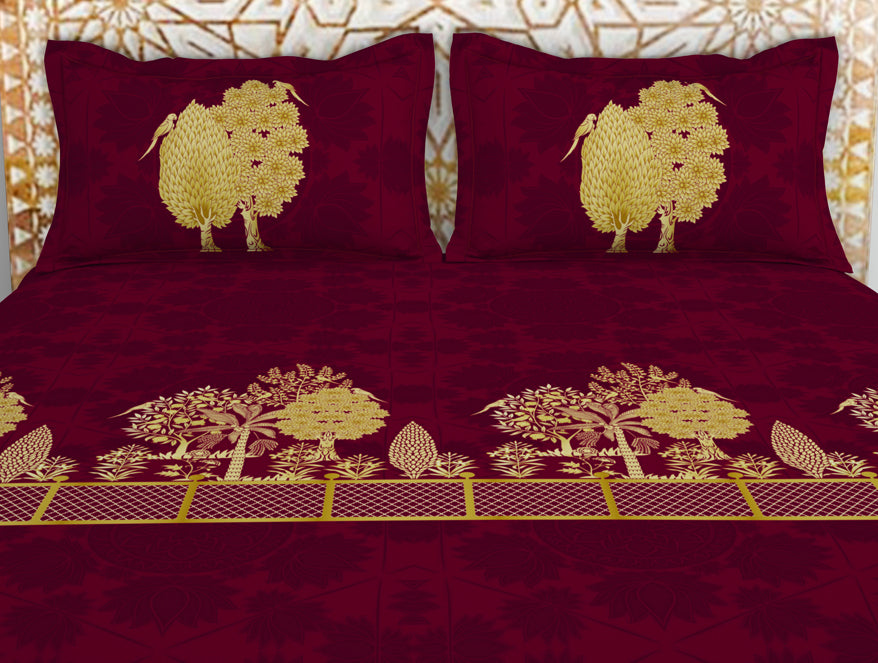 Spaces India Floral Pichwai Cerise - Dark Pink 100% Cotton King Size Bedsheet - Gold - Rangana By Spaces - view 4