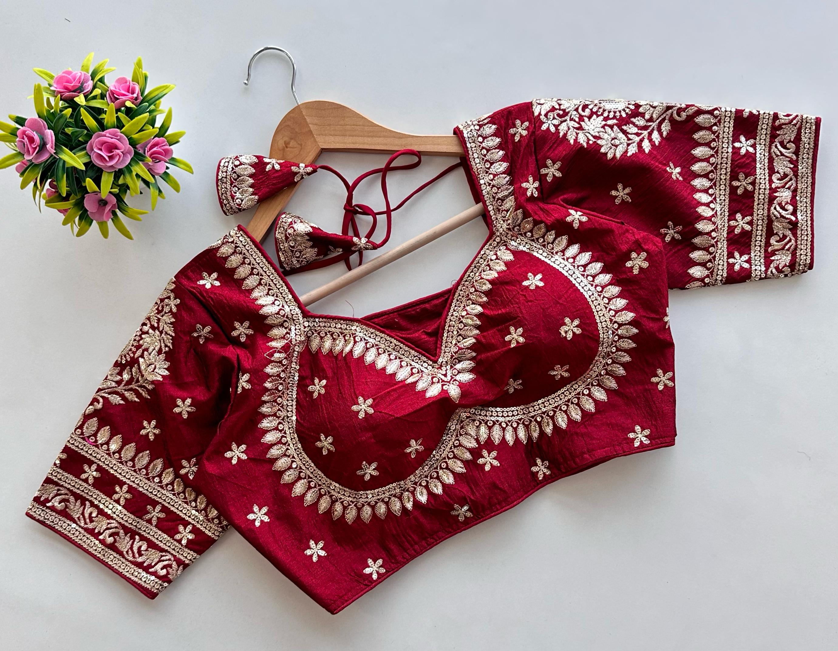 ClothsVilla Maroon Golden Embroidered Blubbery Silk Blouse with Sequins