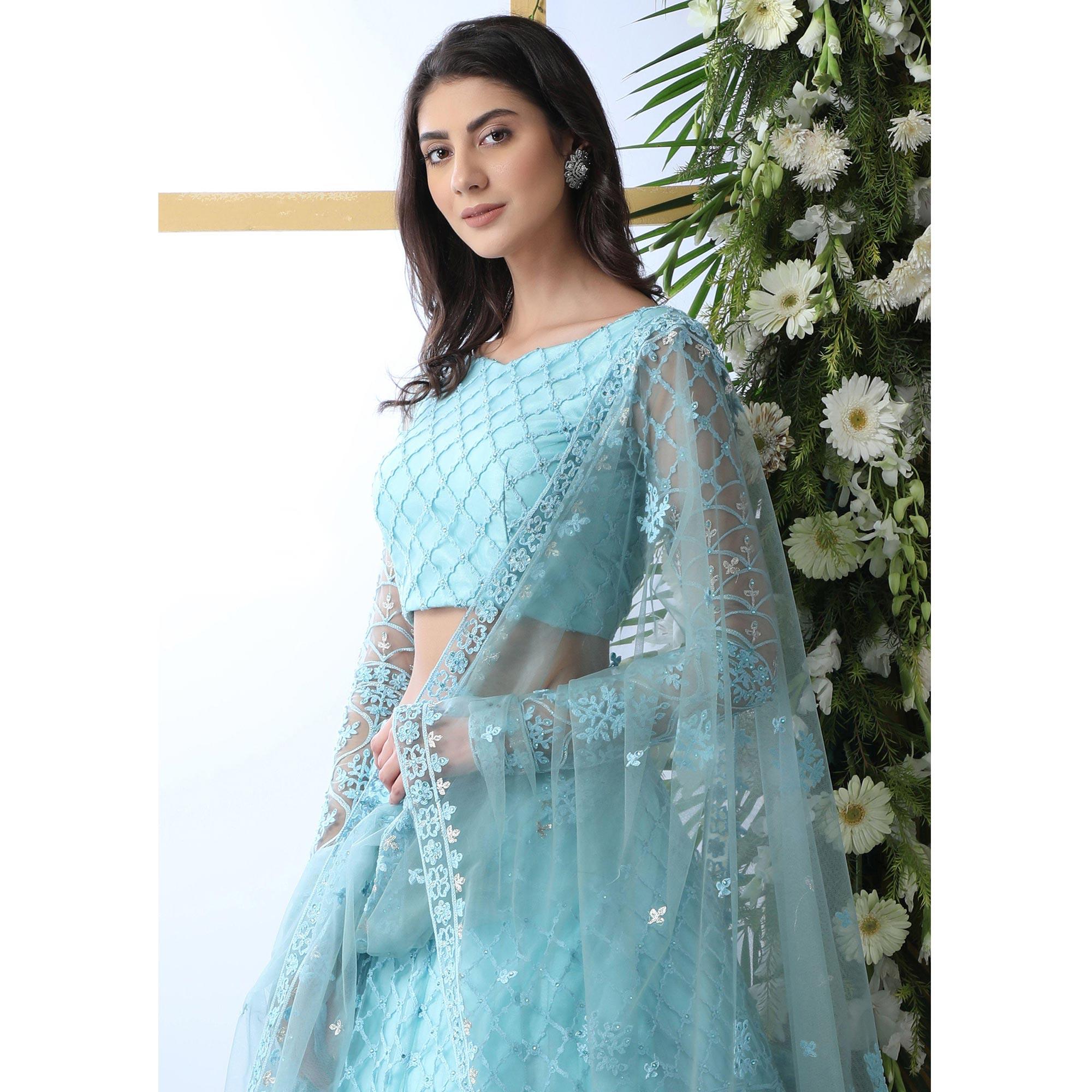 Peachmode Capricious Sky Blue Colored Partywear Embroidered Netted Lehenga Choli - view 2