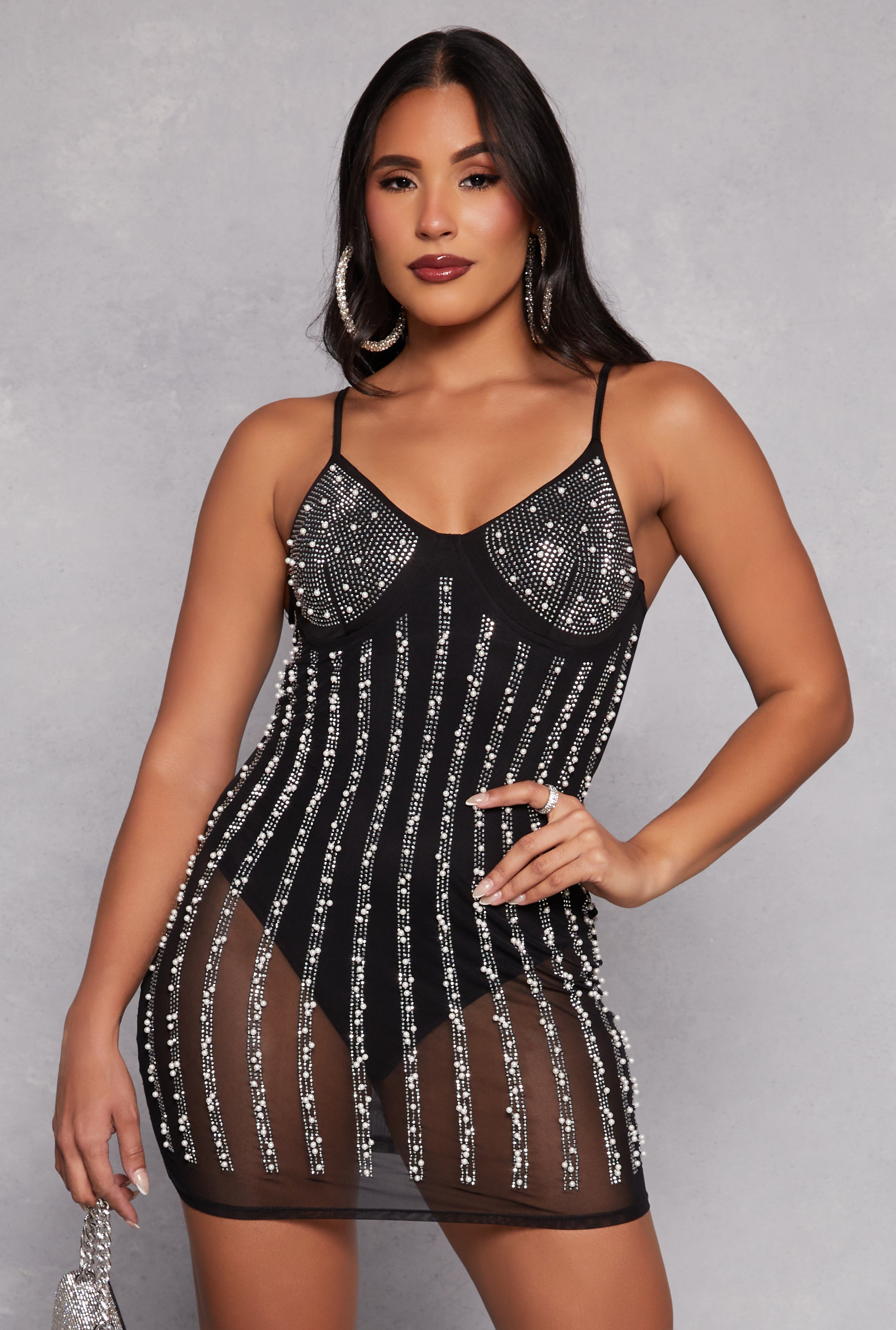 Rainbow Shops Mesh Rhinestone Faux Pearl Bustier Dress