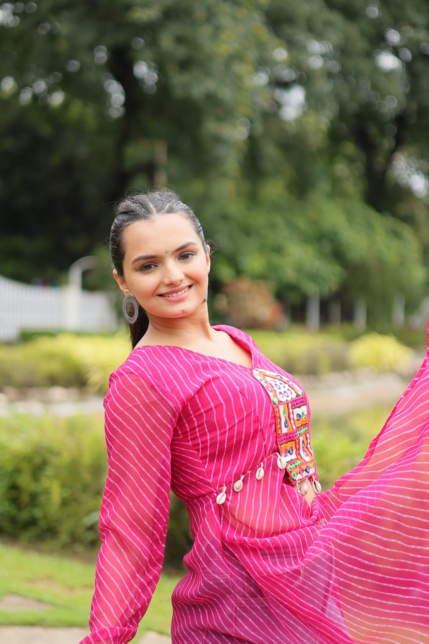 ClothsVilla Magenta Faux Georgette Leheriya Print Kurti with Kutchi Patchwork - view 5