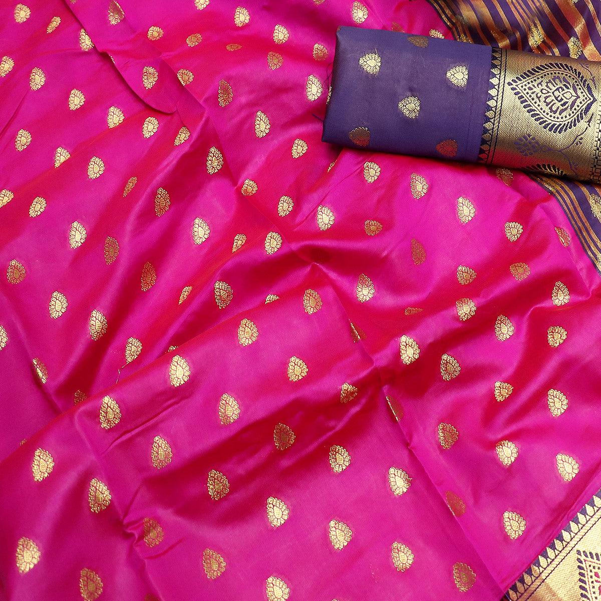 Peachmode Glowing Hot Pink Colored Festive Wear Woven Litchi Kota Silk Saree - view 2