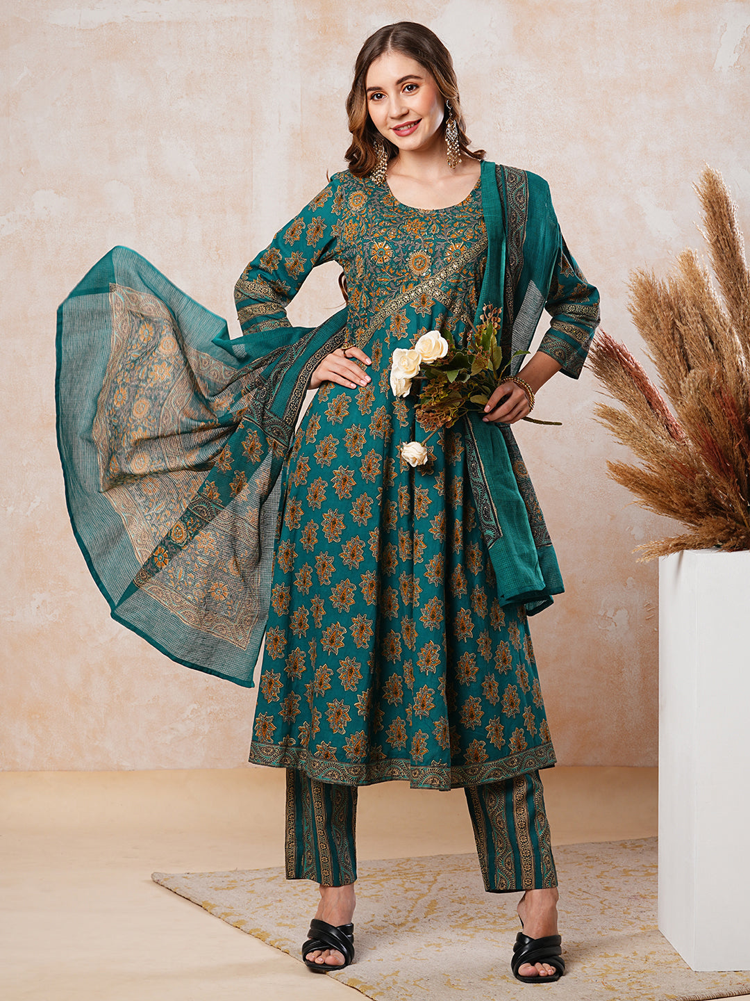 Fashor Floral Printed & Embroidered A-Line Flared Kurta with Pant & Dupatta - Green