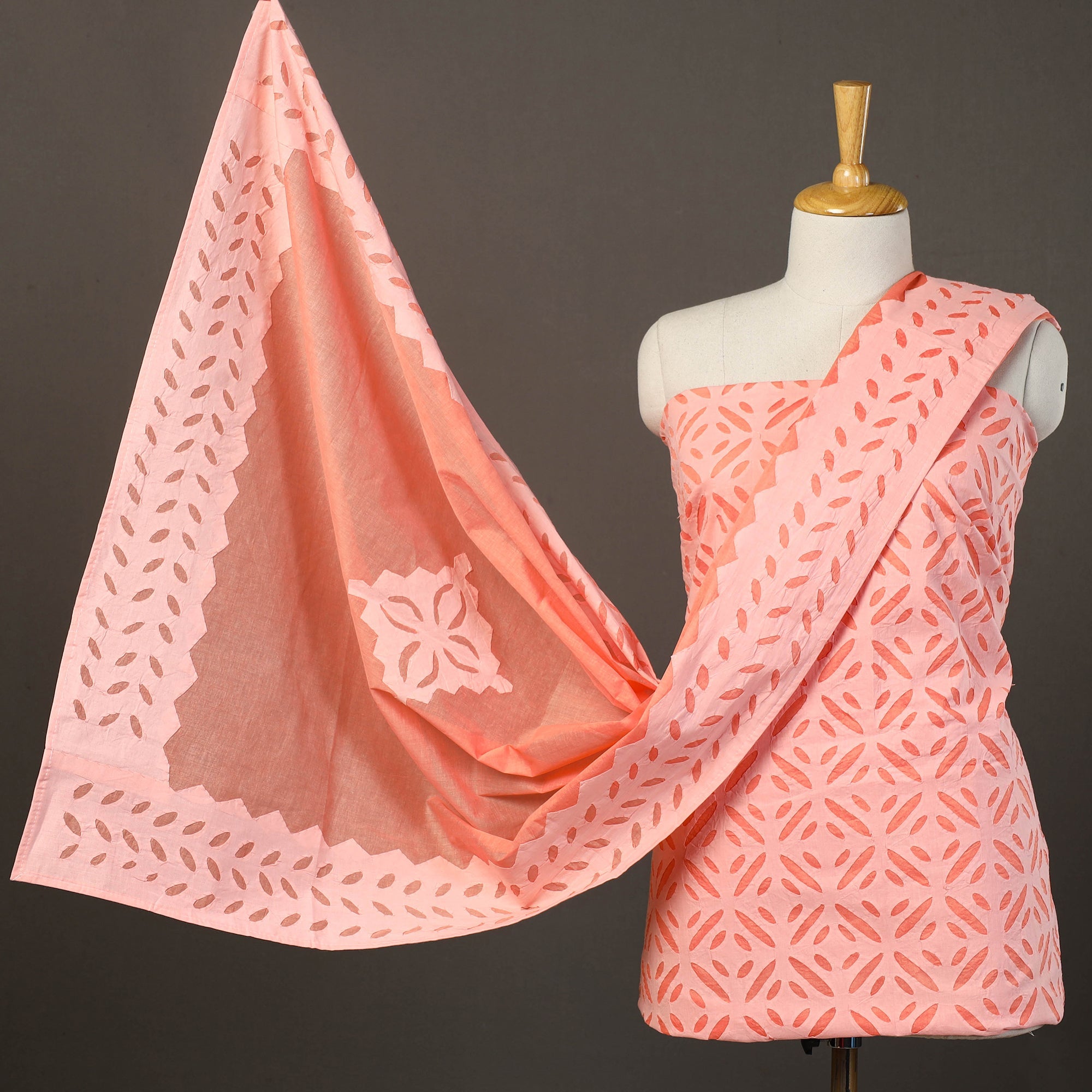 SHADES OF MARUDHARA Peach - 3pc Cut Work Cotton Barmer Applique Dress Material 07