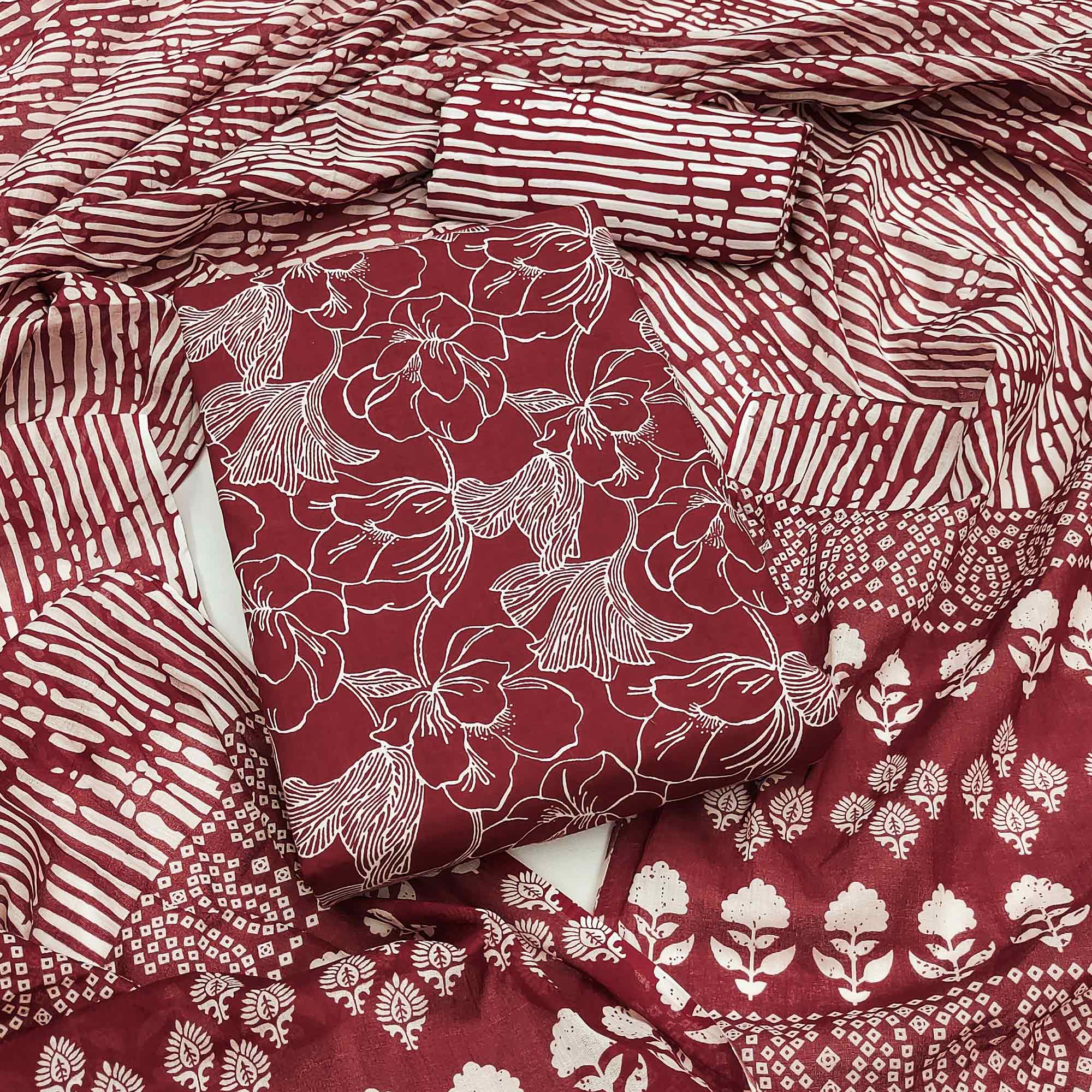 Peachmode Maroon Floral Printed Pure Cotton Dress Material