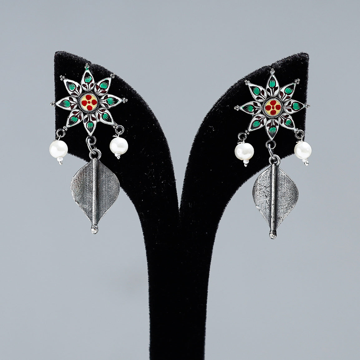 WHITE RIVER STORIES Antique Silver Finish Oxidised Brass Base Enamel Work Earrings - view 2