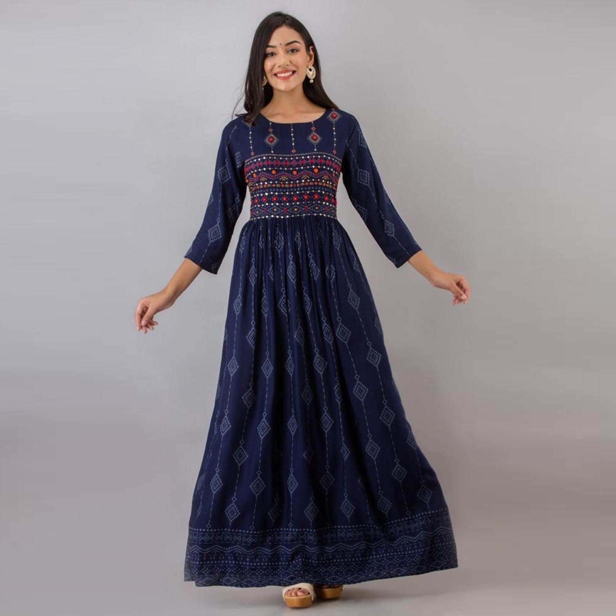 Peachmode Ethnic Navy Blue Colored Partywear Embroidered Muslin Long Kurti