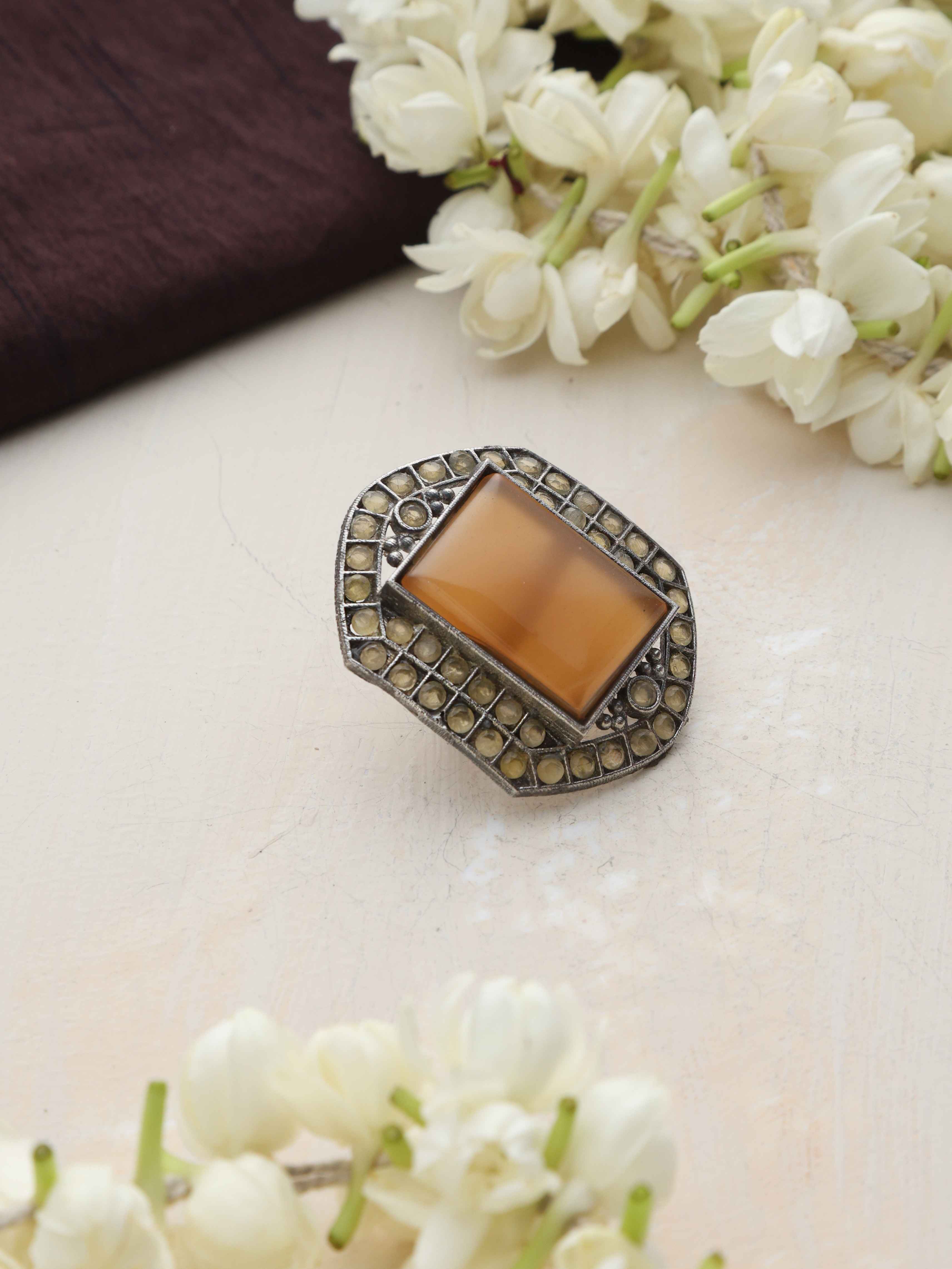trueBrowns Silver Tone Yellow Stone Ring - view 2