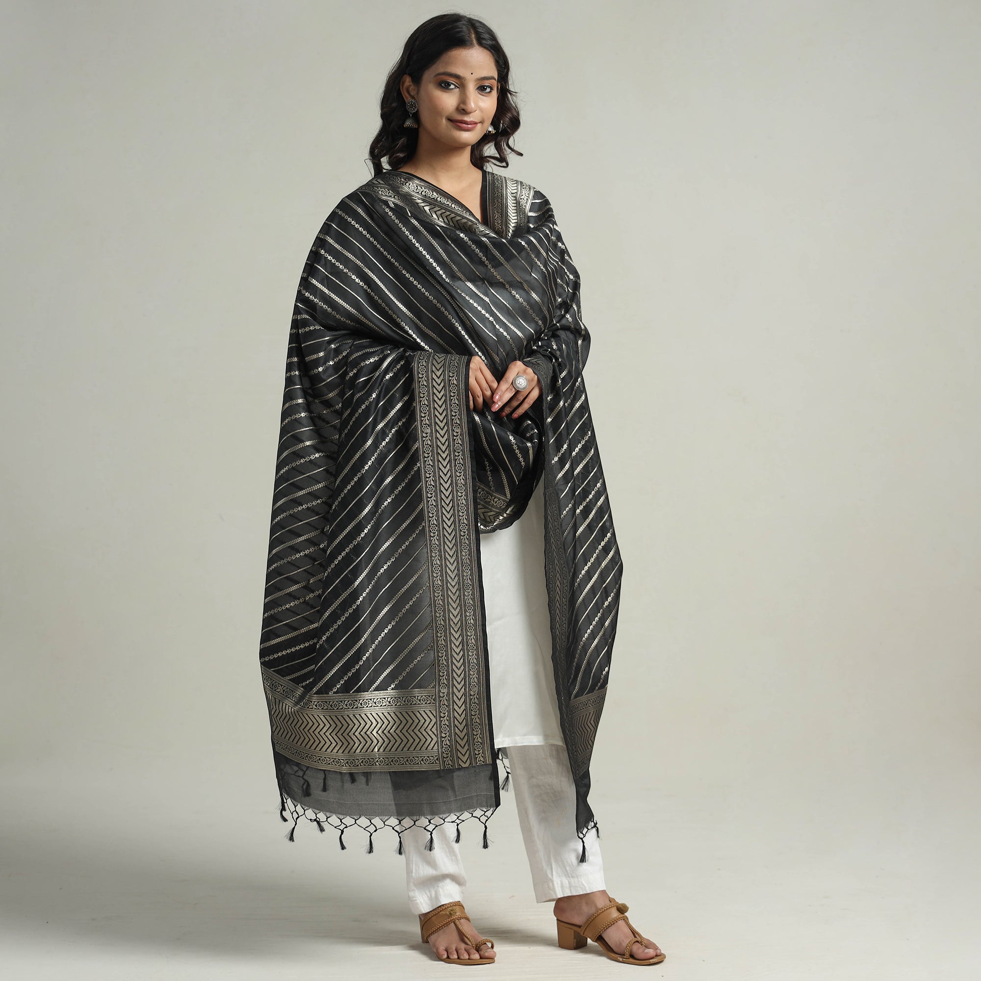 BANARASI BY MAQBUL HASAN Black - Banarasi Semi Silk Zari Jaal Dupatta with Tassels 03 - view 2