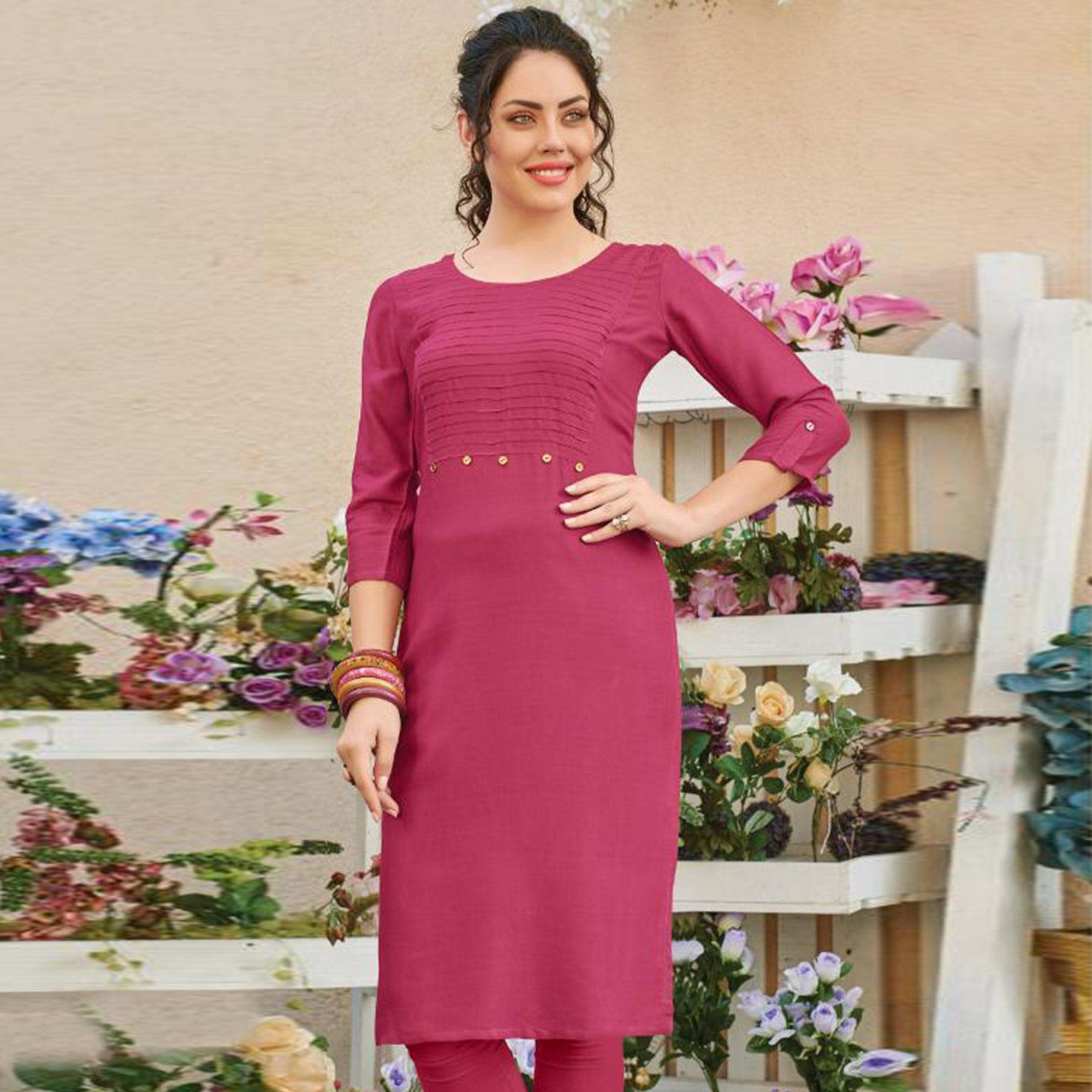 Peachmode Seller Flaunt Pink Colored Casual Wear Solid Pure Rayon Kurti