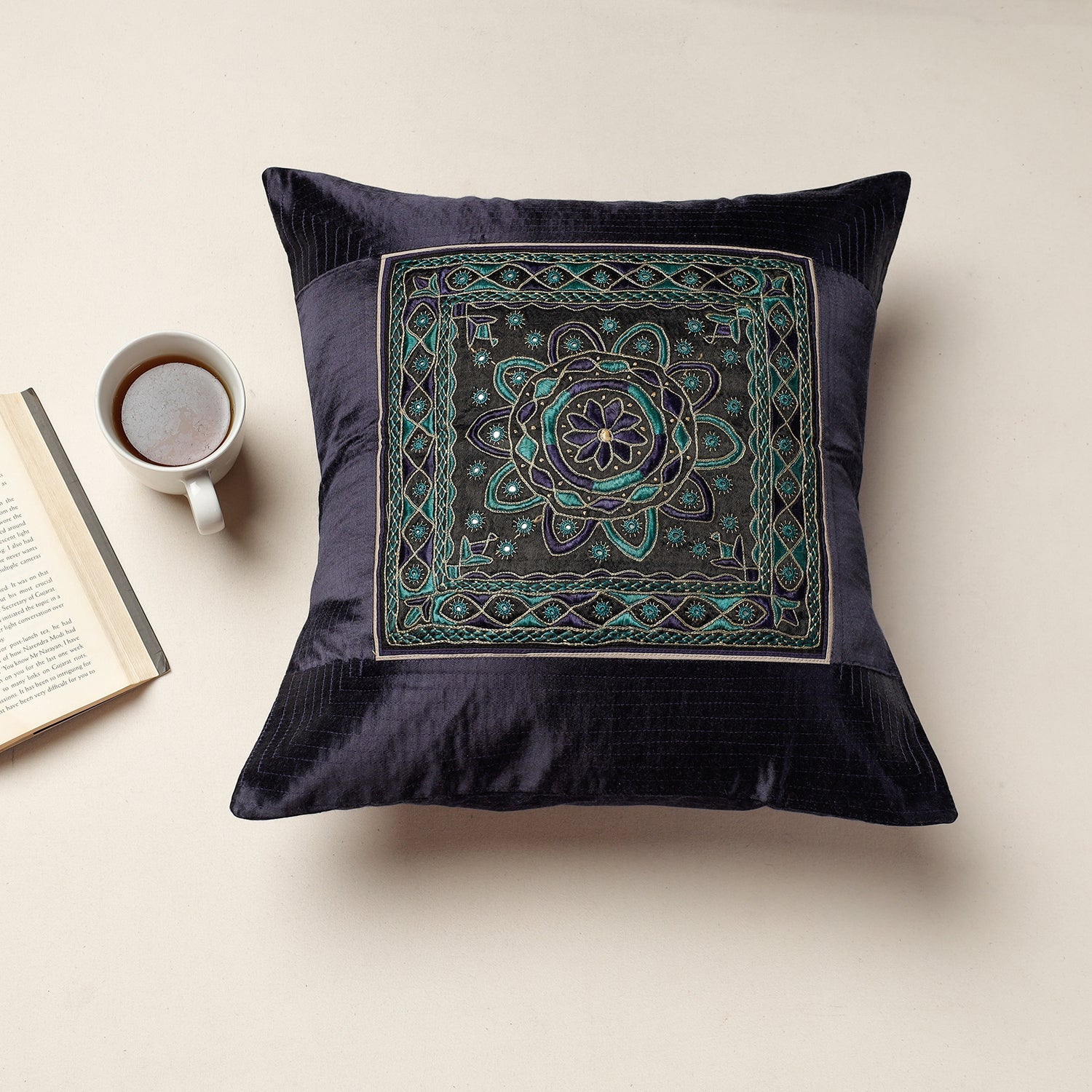 QASAB Black - Kutch Pakko Hand Embroidery Mashru Silk Cushion Cover (16 x 16 in)