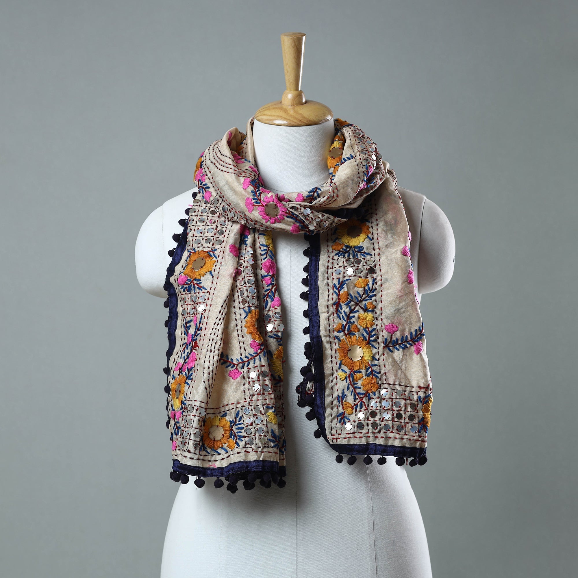 ITOKRI CRAFTS INITIATIVE Blue - Ranihati Chanderi Silk Phulkari Embroidered Stole 167
