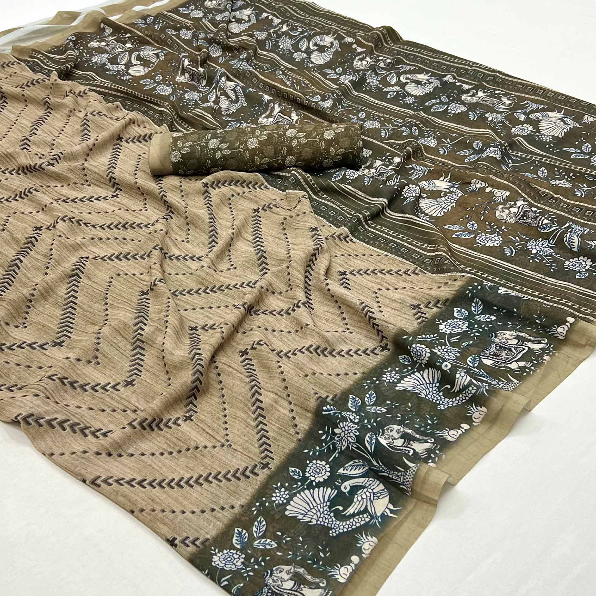Peachmode Chikoo Digital Printed Georgette Saree