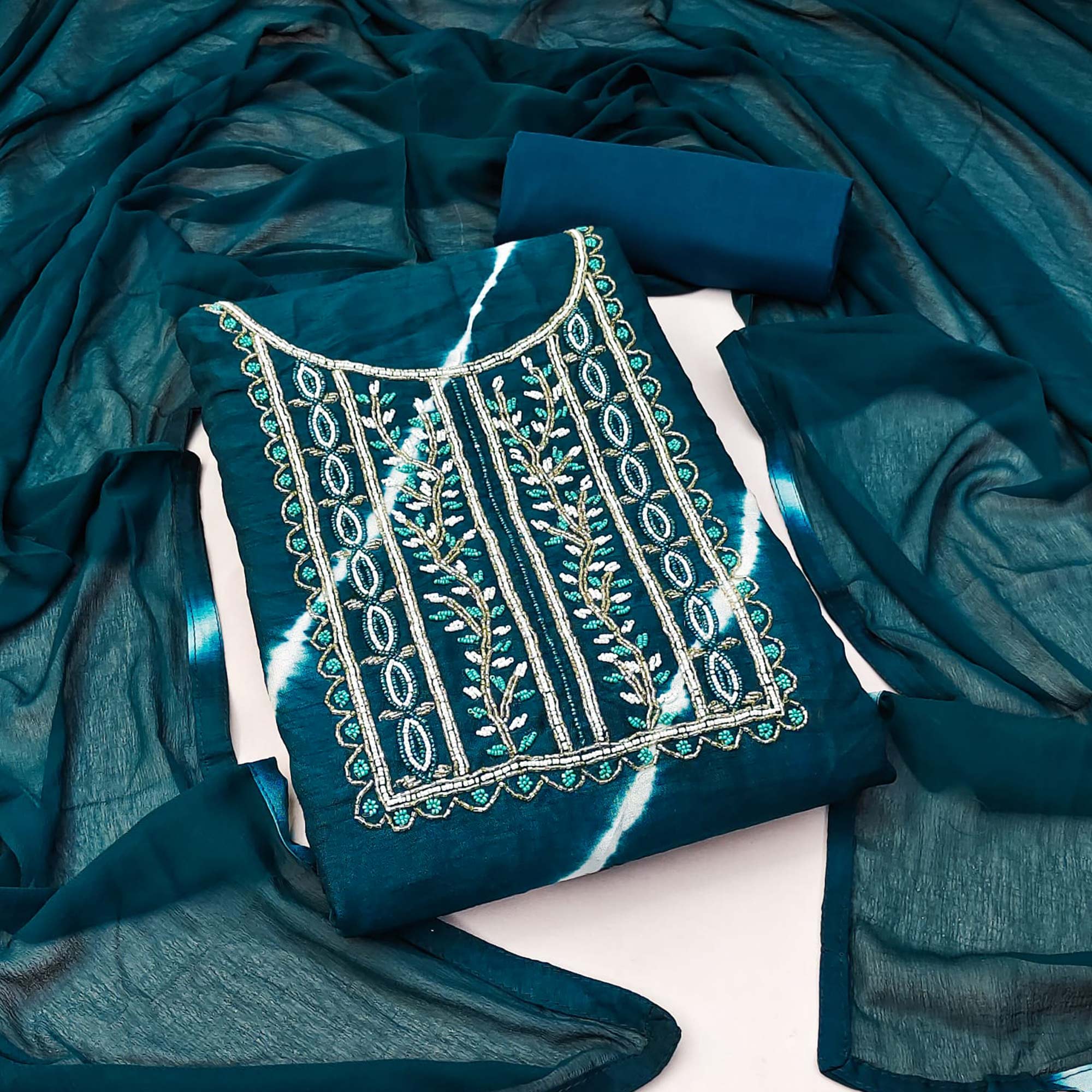Peachmode Morpich Handwork Embroidery With Leheriya Printed Viscose Dress Material