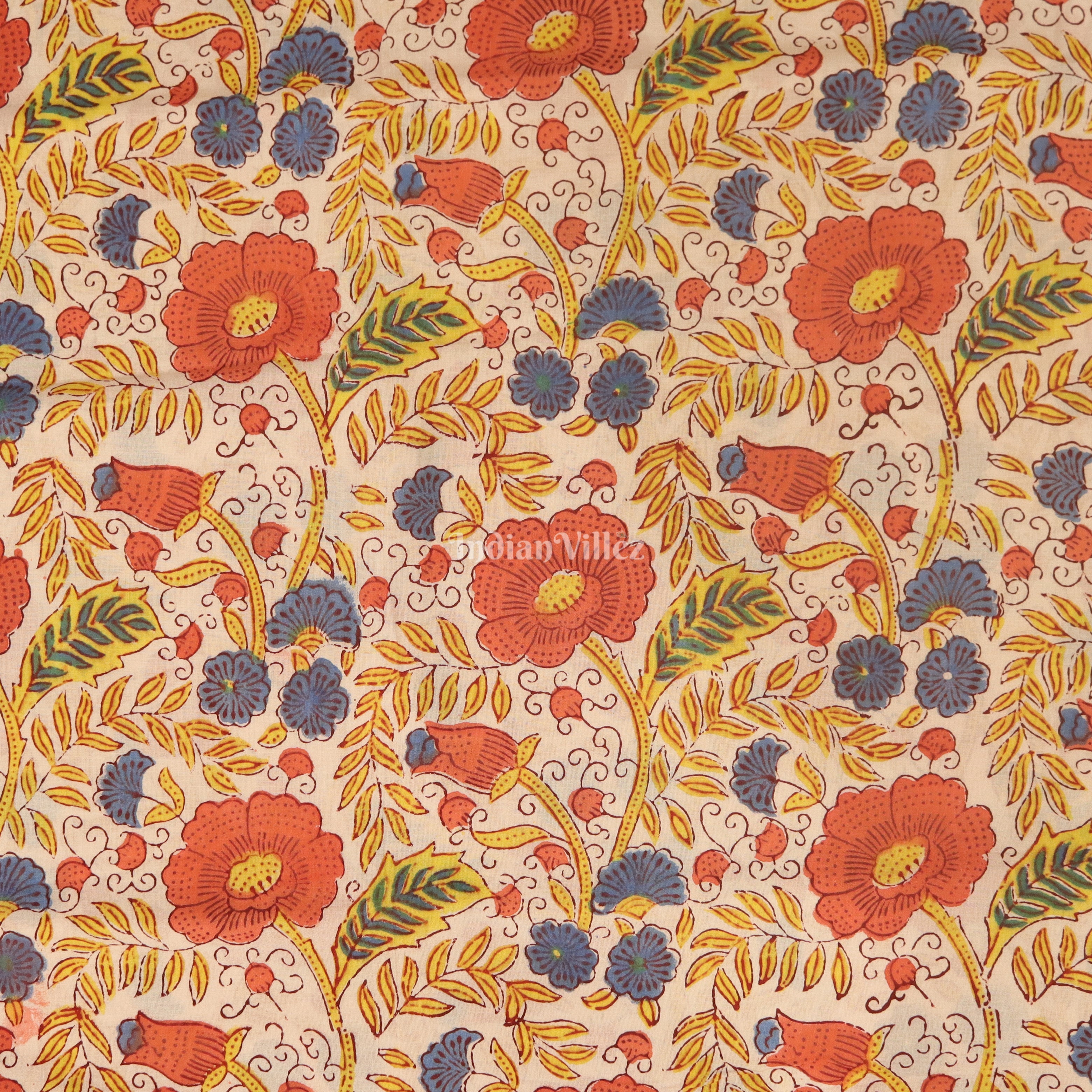 IndianVillèz Cream Color Flower Dali Theme Hand Block Printed Cotton Fabric - view 2