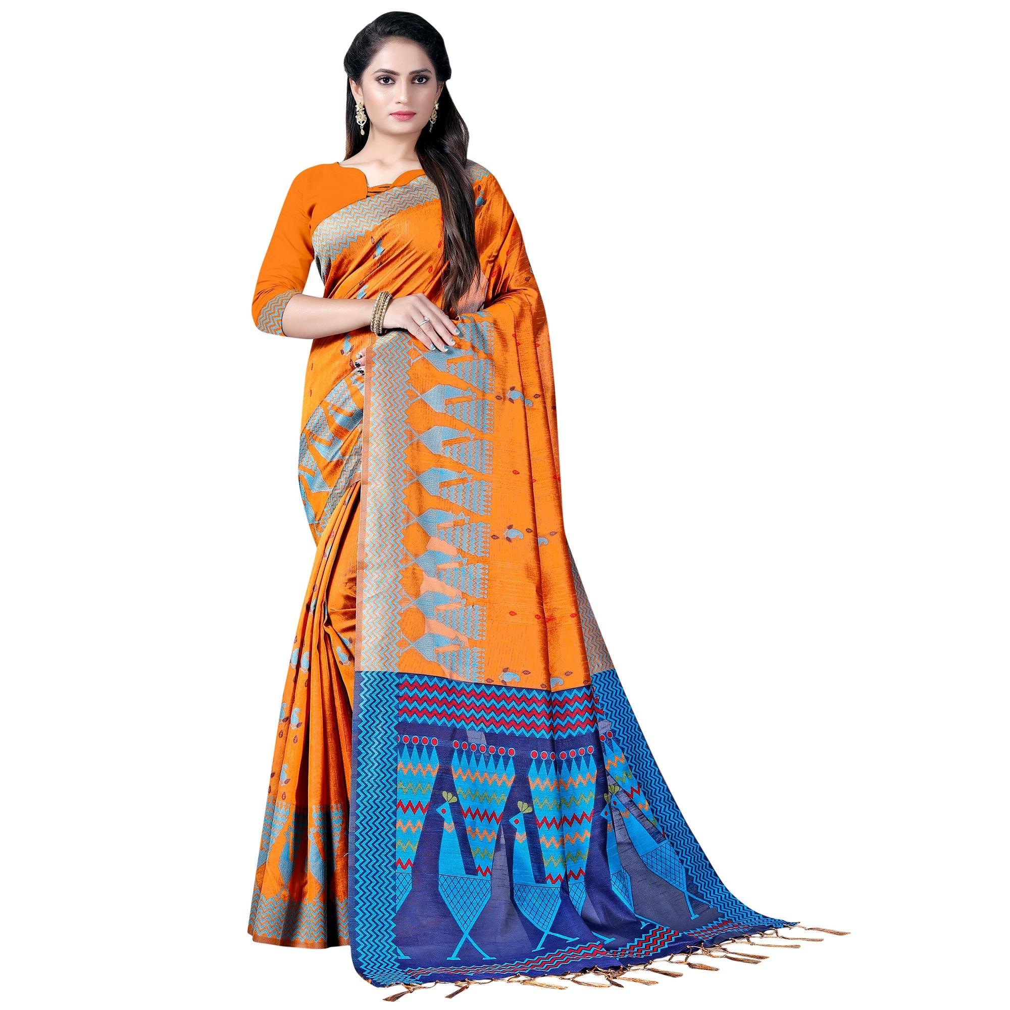 Peachmode Classy Mustard Yellow Colored Festive Wear Printed Cotton Saree