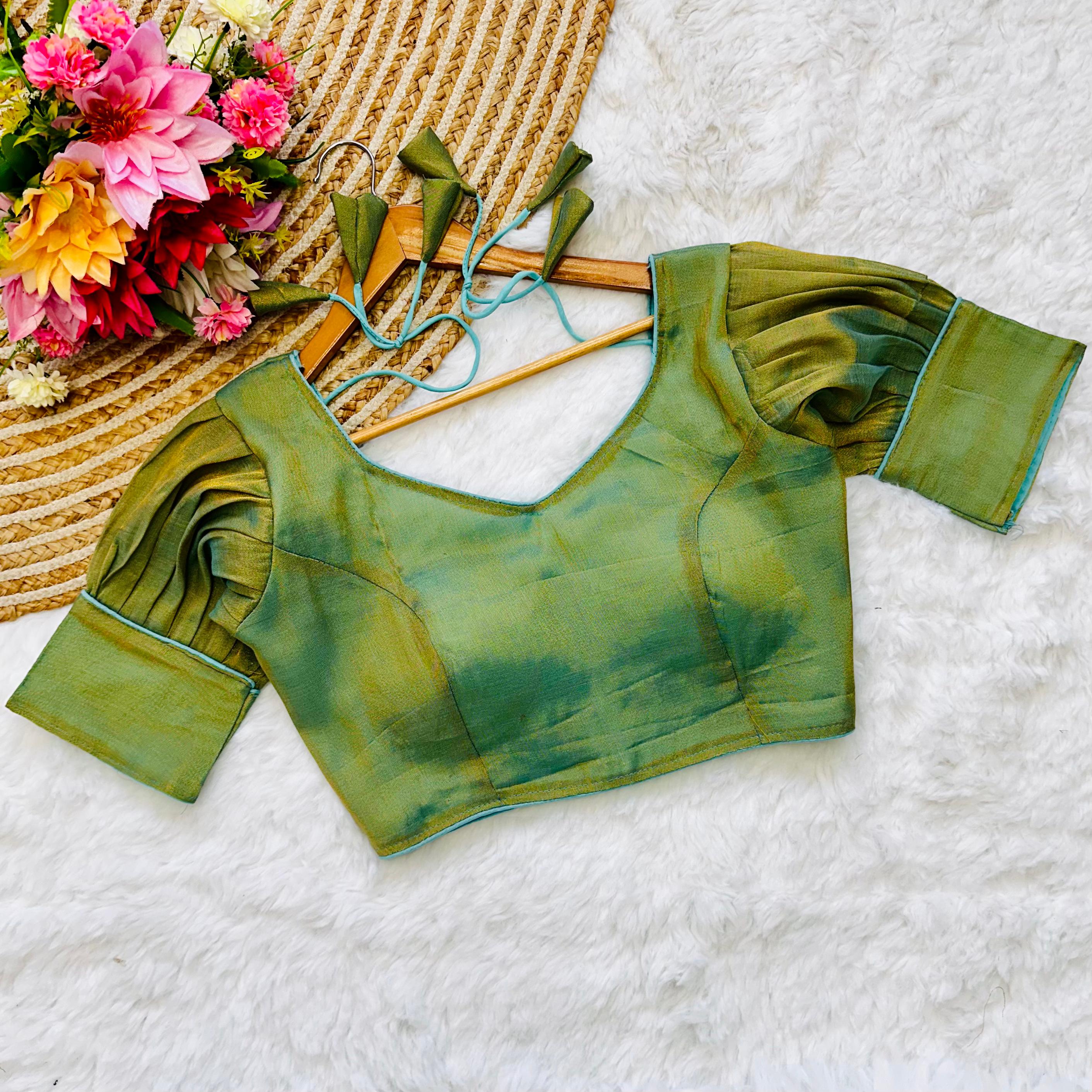 ClothsVilla Mehndi and Sky Blue Shade Jari Weaving Blouse in Jari Kobra Fabric