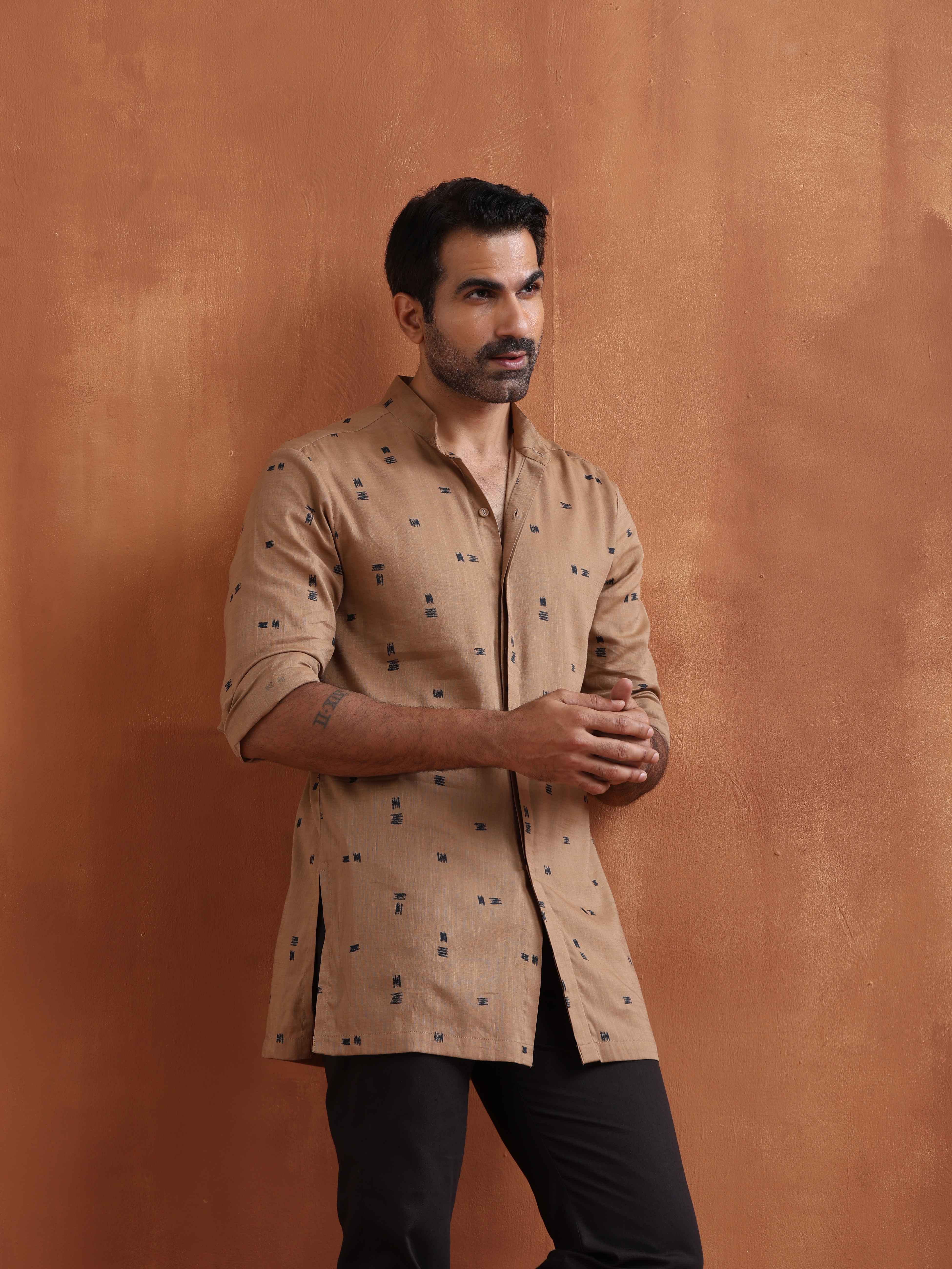 trueBrowns Men's Brown Printed Short Kurta - view 2