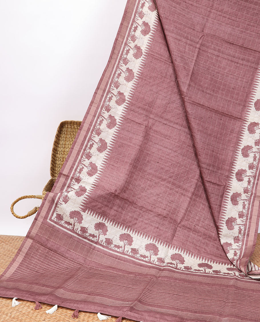 Pothys Brown checked semi-banaras tussar saree with self - bullock cart border & checked pallu