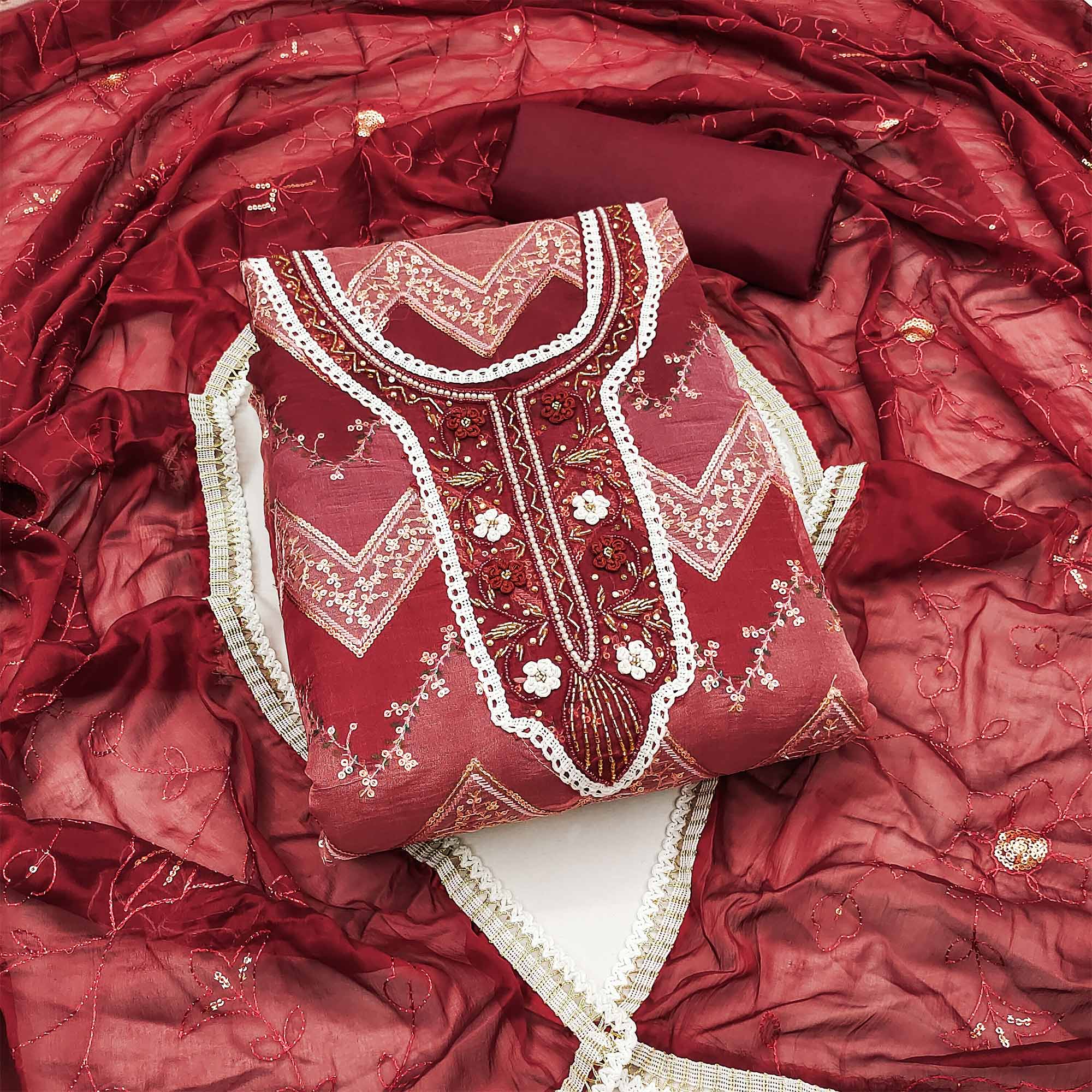 Peachmode Maroon Sequins Embroidered With Handwork Organza Dress Material