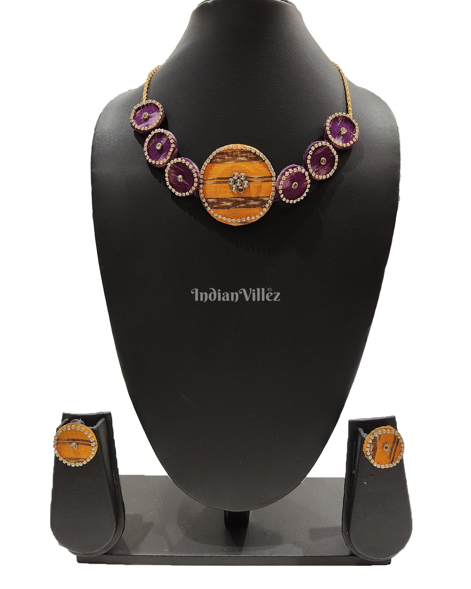 Necklace earrings set – IndianVillèz Purple Yellow Coin Shape Sambalpuri Fabric Choker Jewellery - Necklace & Earrings Set