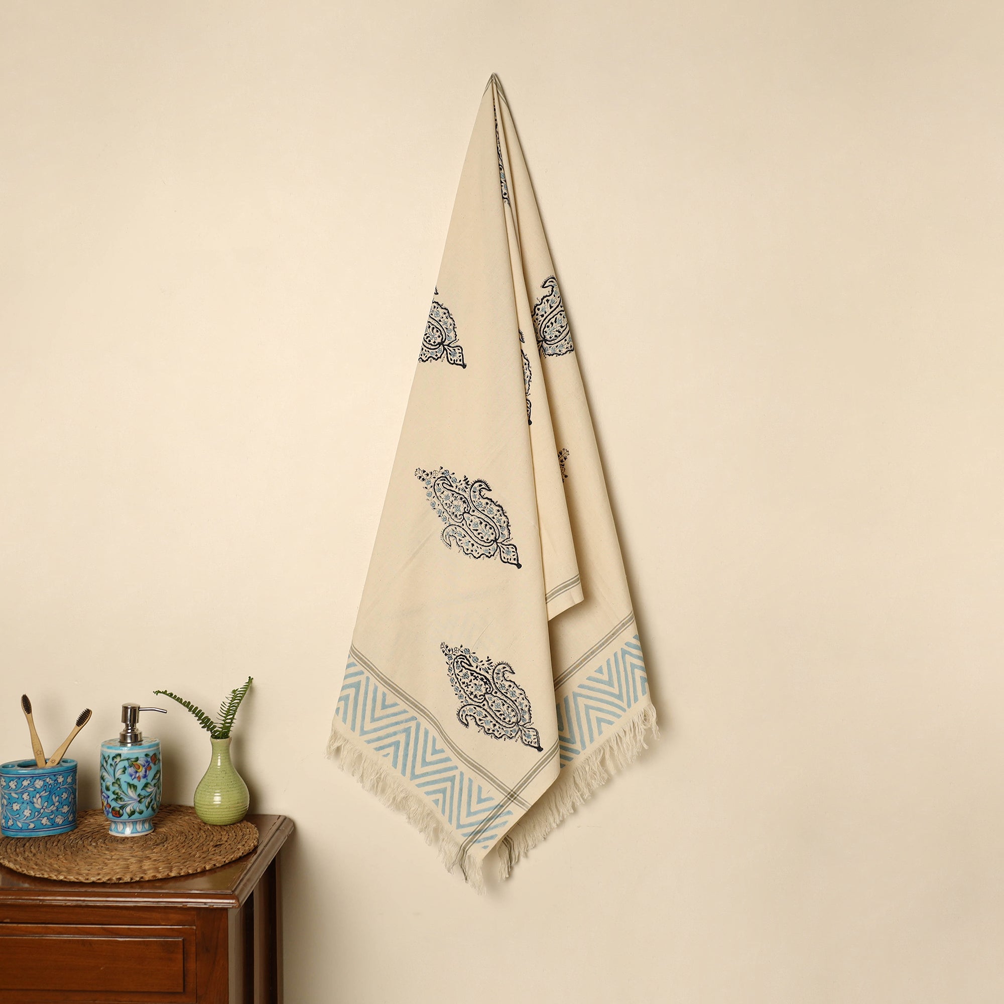 ARTISAN HAND BLOCK PRINTS Beige - Block Printed Handloom Cotton Sanganeri Towel 60