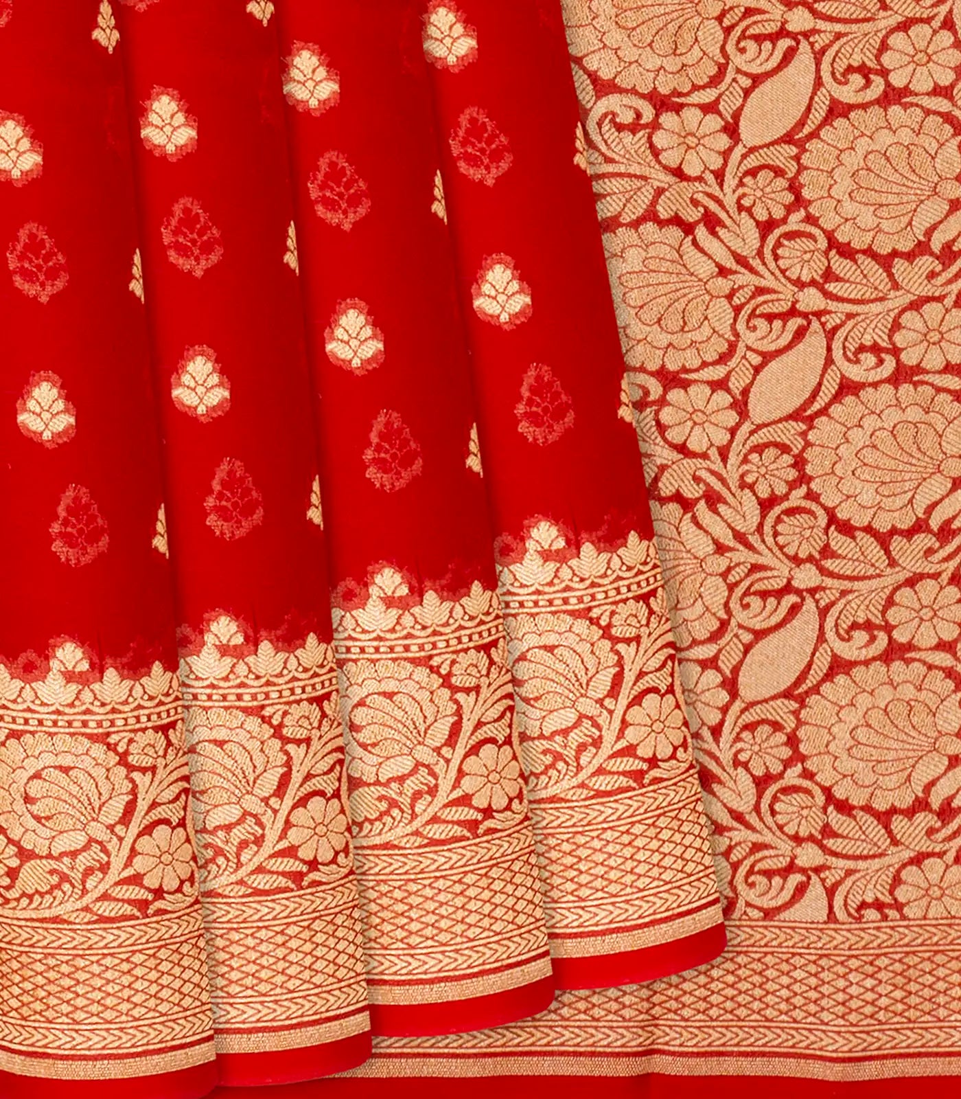 RmKV Red Handloom Banarasi Khaddi Georgette Saree With Floral Buttas-Red