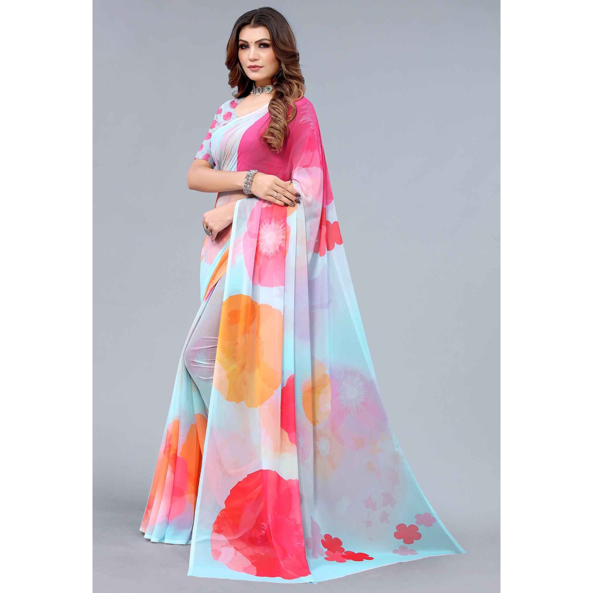 Peachmode Light Blue Printed Georgette Saree – Women's - view 4