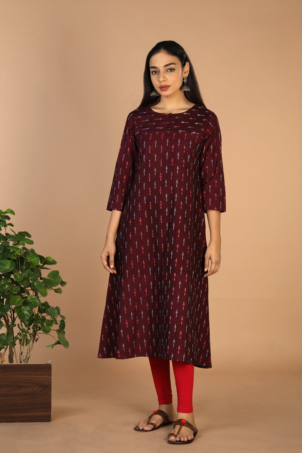Kalanjali Ethnics Cotton Ikat kurti – Women's, WINE MAROON